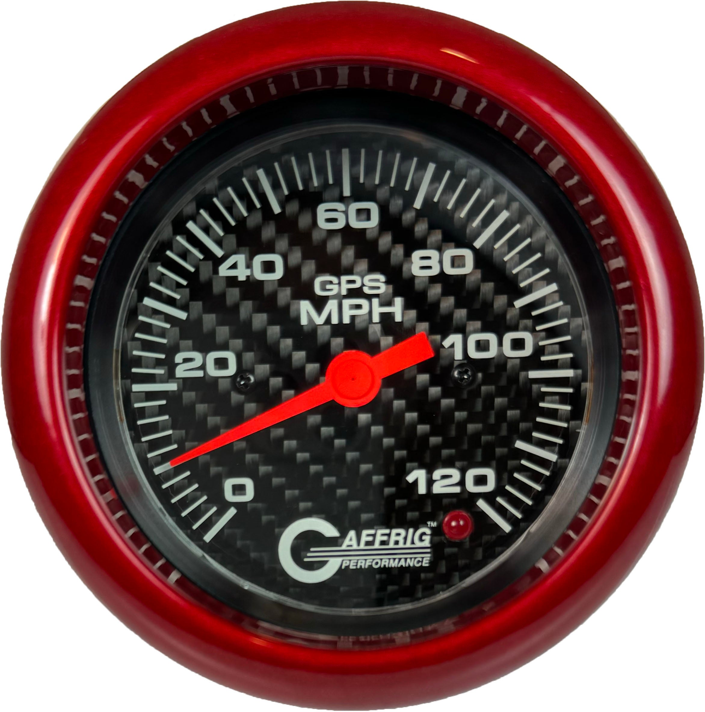 GAFFRIG PART #4055 3 3/8 INCH GPS ANALOG 120 MPH SPEEDOMETER KIT HEAD ONLY CARBON FIBER RED / STEP RIM