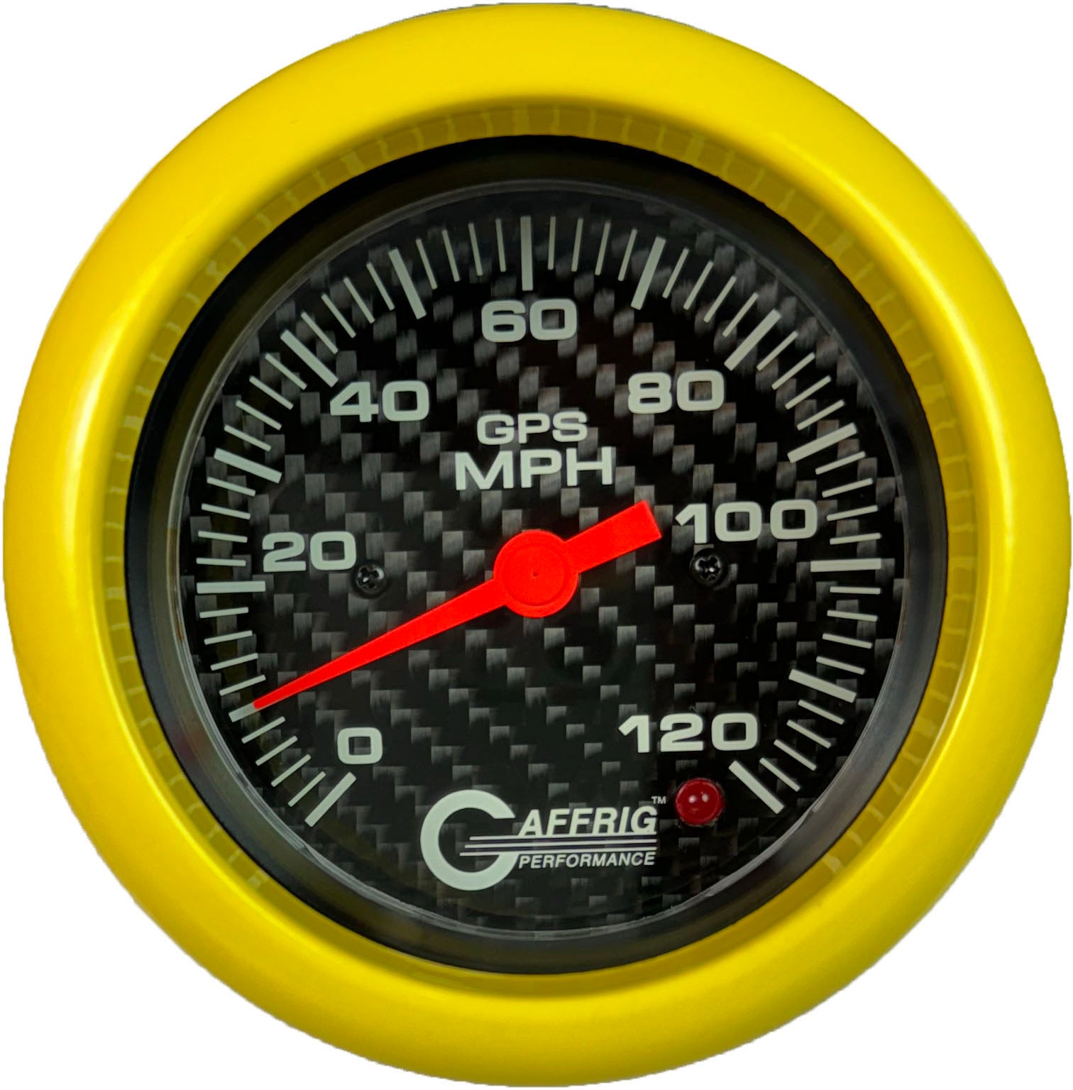 GAFFRIG PART #4055 3 3/8 INCH GPS ANALOG 120 MPH SPEEDOMETER KIT HEAD ONLY CARBON FIBER YELLOW / STEP RIM
