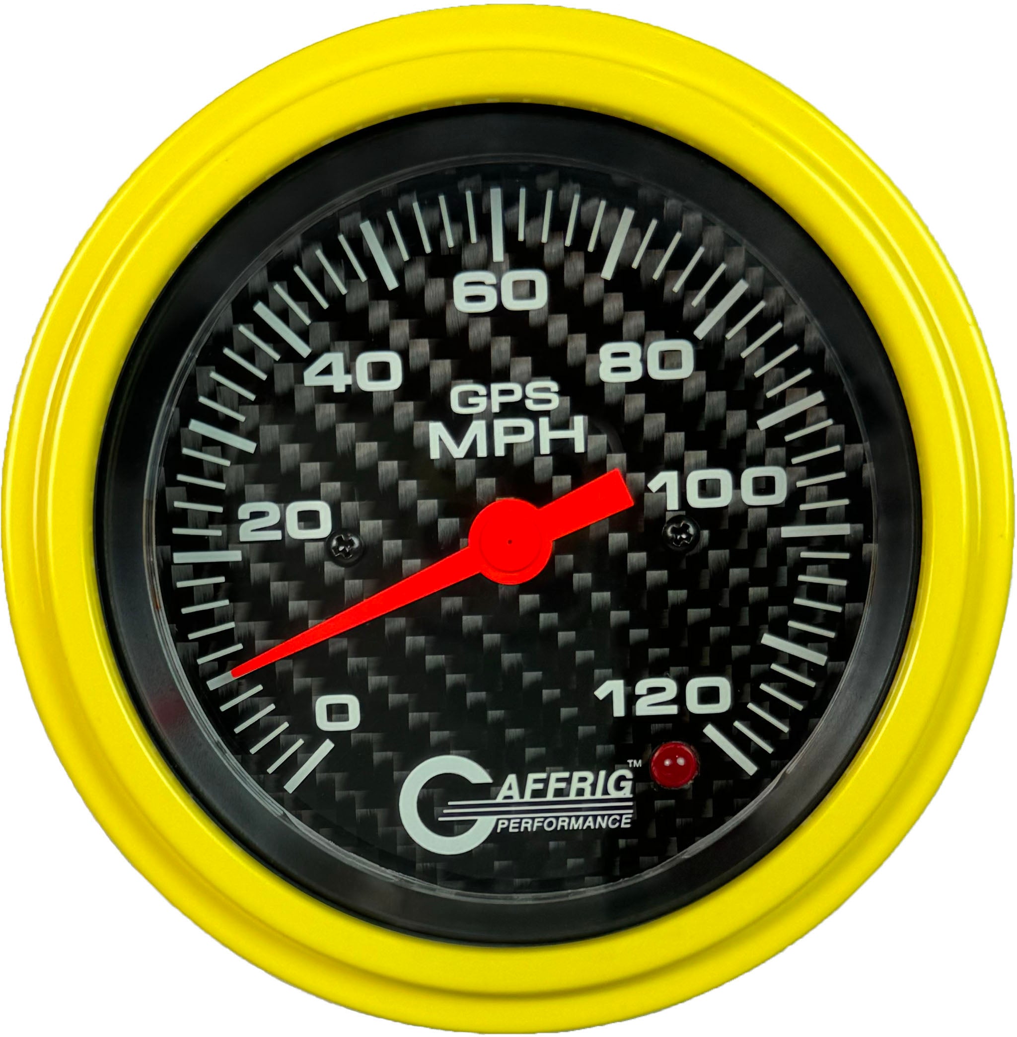 GAFFRIG PART #4055 3 3/8 INCH GPS ANALOG 120 MPH SPEEDOMETER KIT HEAD ONLY CARBON FIBER YELLOW / STEP RIM