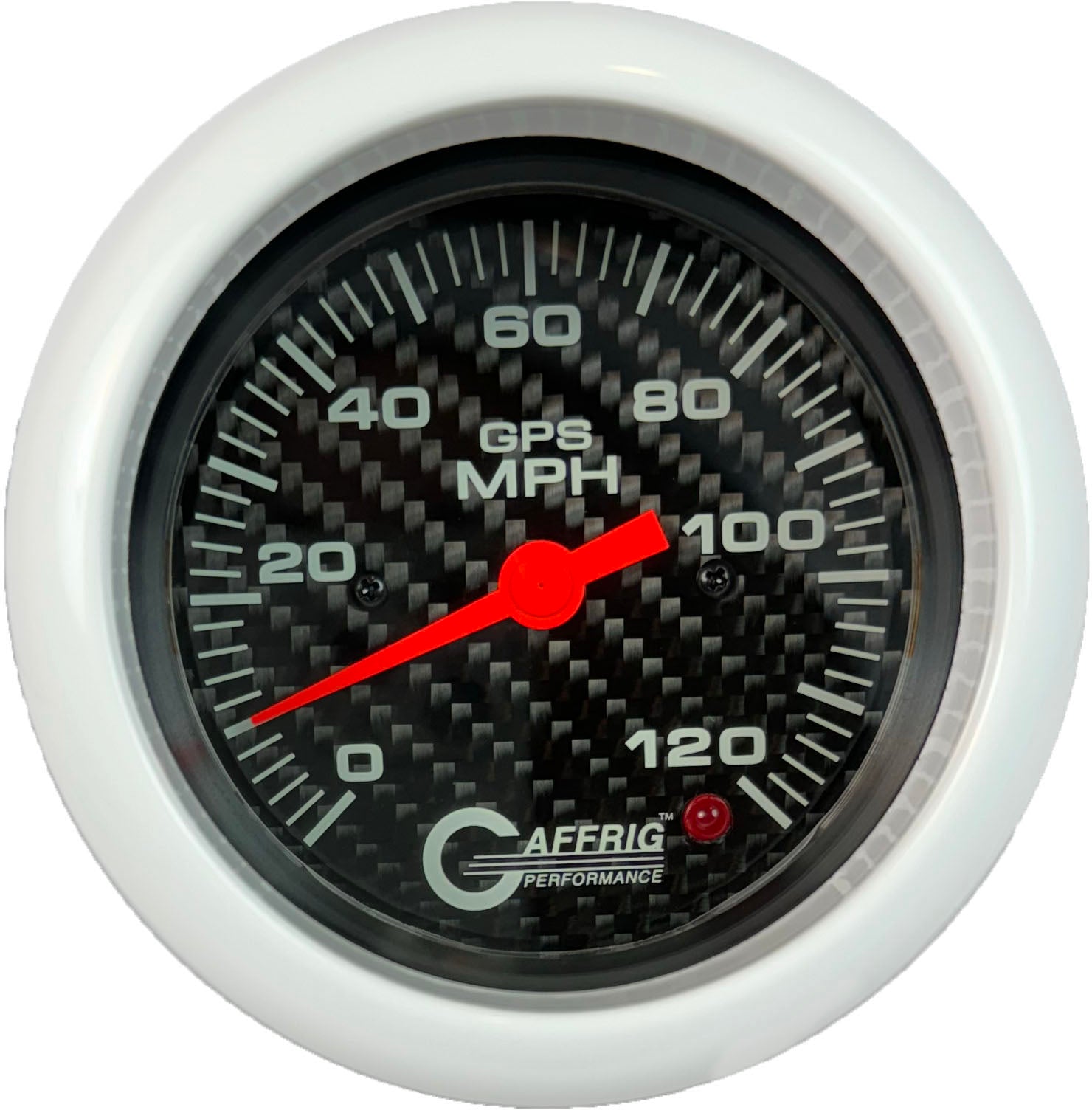 GAFFRIG PART #4055 3 3/8 INCH GPS ANALOG 120 MPH SPEEDOMETER KIT HEAD ONLY CARBON FIBER WHITE / STEP RIM
