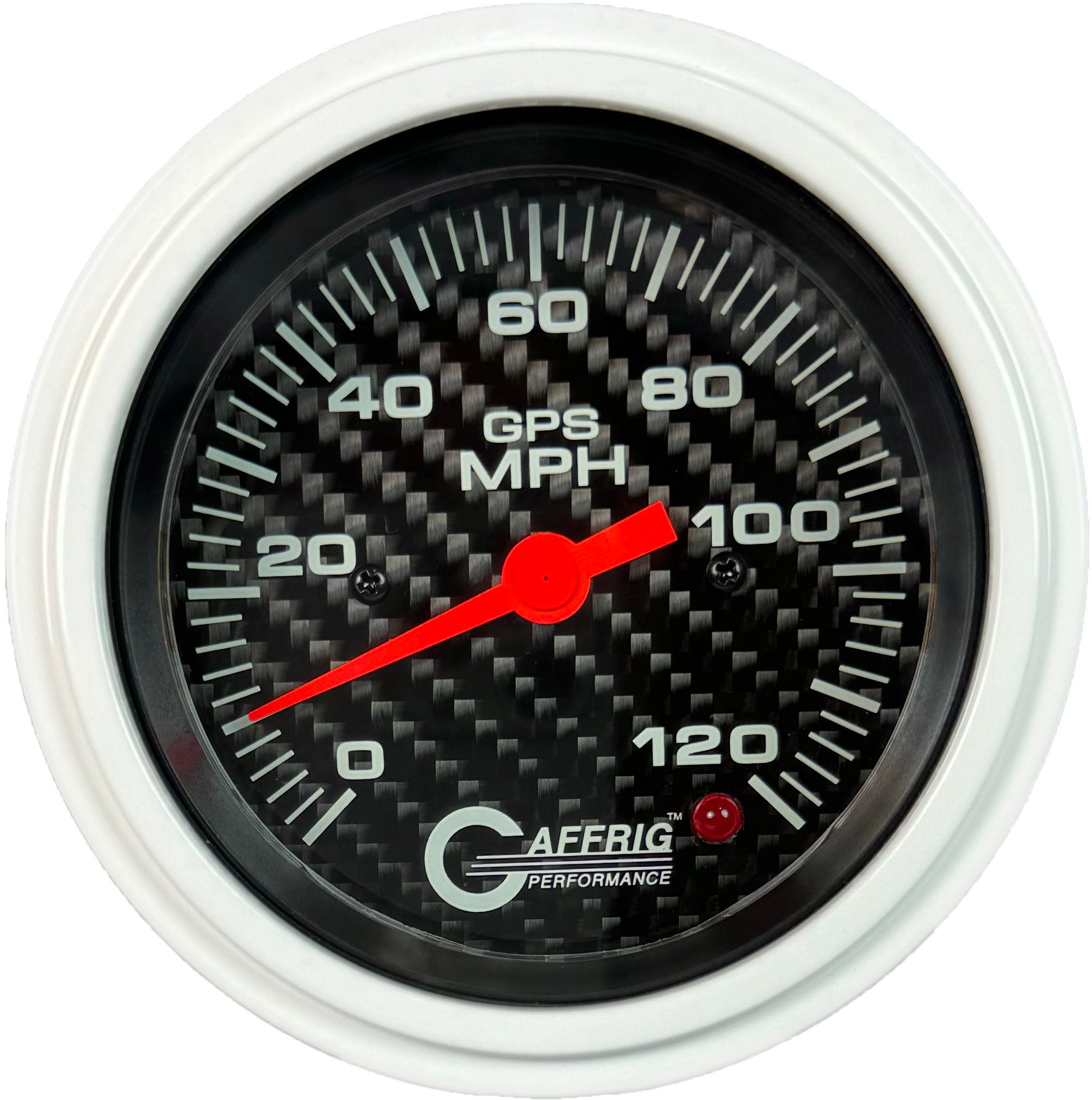 GAFFRIG PART #4055 3 3/8 INCH GPS ANALOG 120 MPH SPEEDOMETER KIT HEAD ONLY CARBON FIBER WHITE / STEP RIM