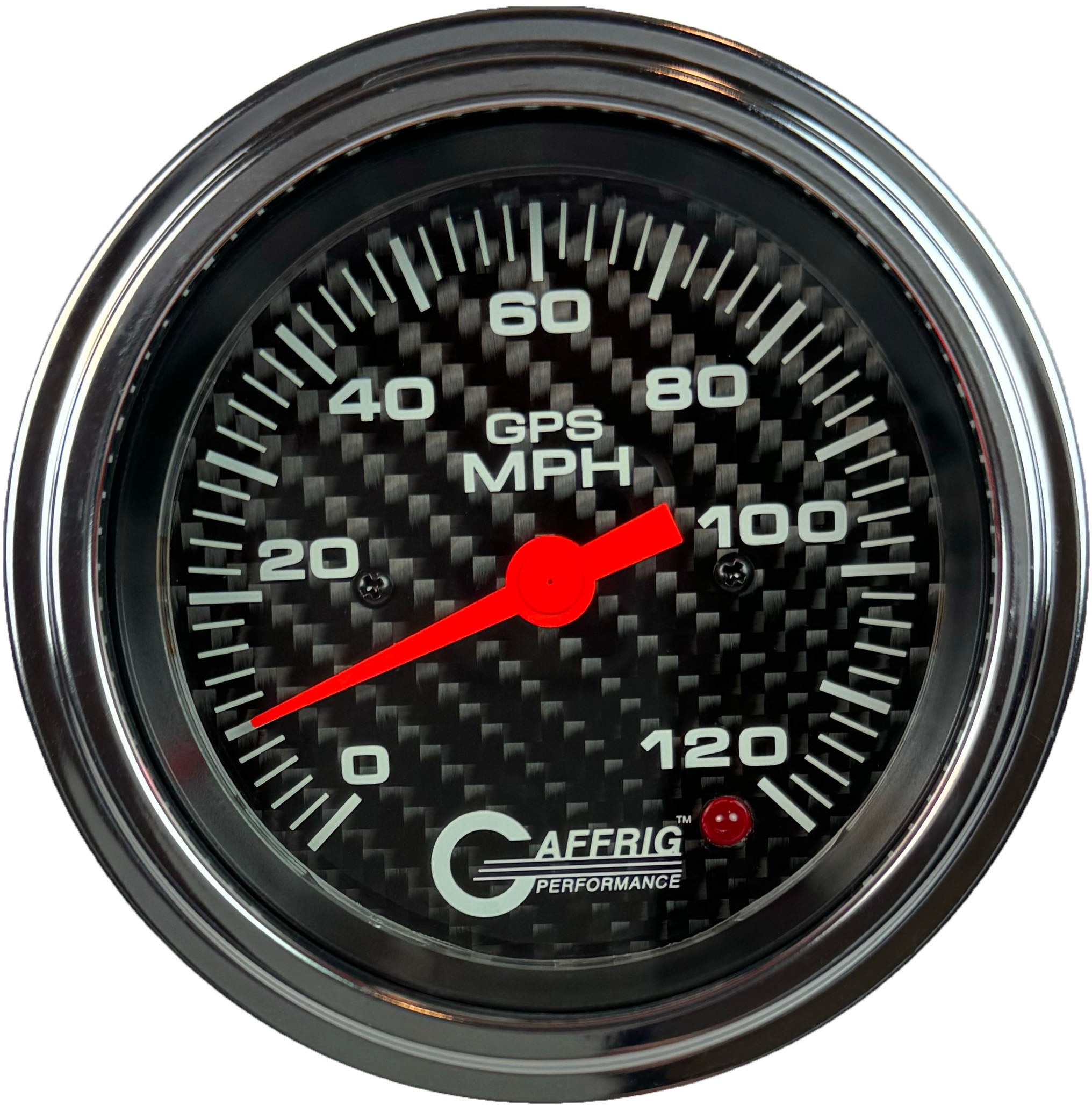 GAFFRIG PART #4055 3 3/8 INCH GPS ANALOG 120 MPH SPEEDOMETER KIT HEAD ONLY CARBON FIBER CHROME / STEP RIM