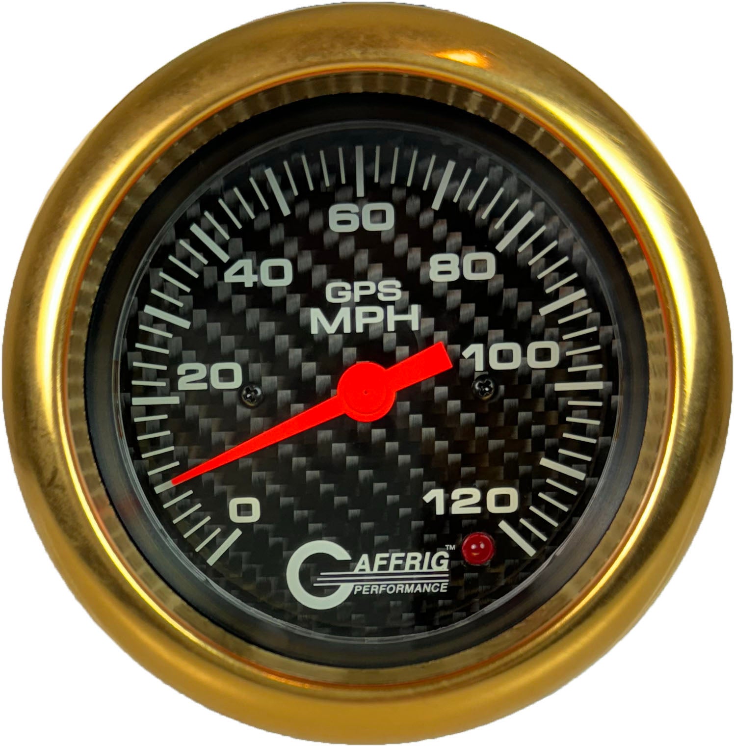 GAFFRIG PART #4055 3 3/8 INCH GPS ANALOG 120 MPH SPEEDOMETER KIT HEAD ONLY CARBON FIBER GOLD / STEP RIM