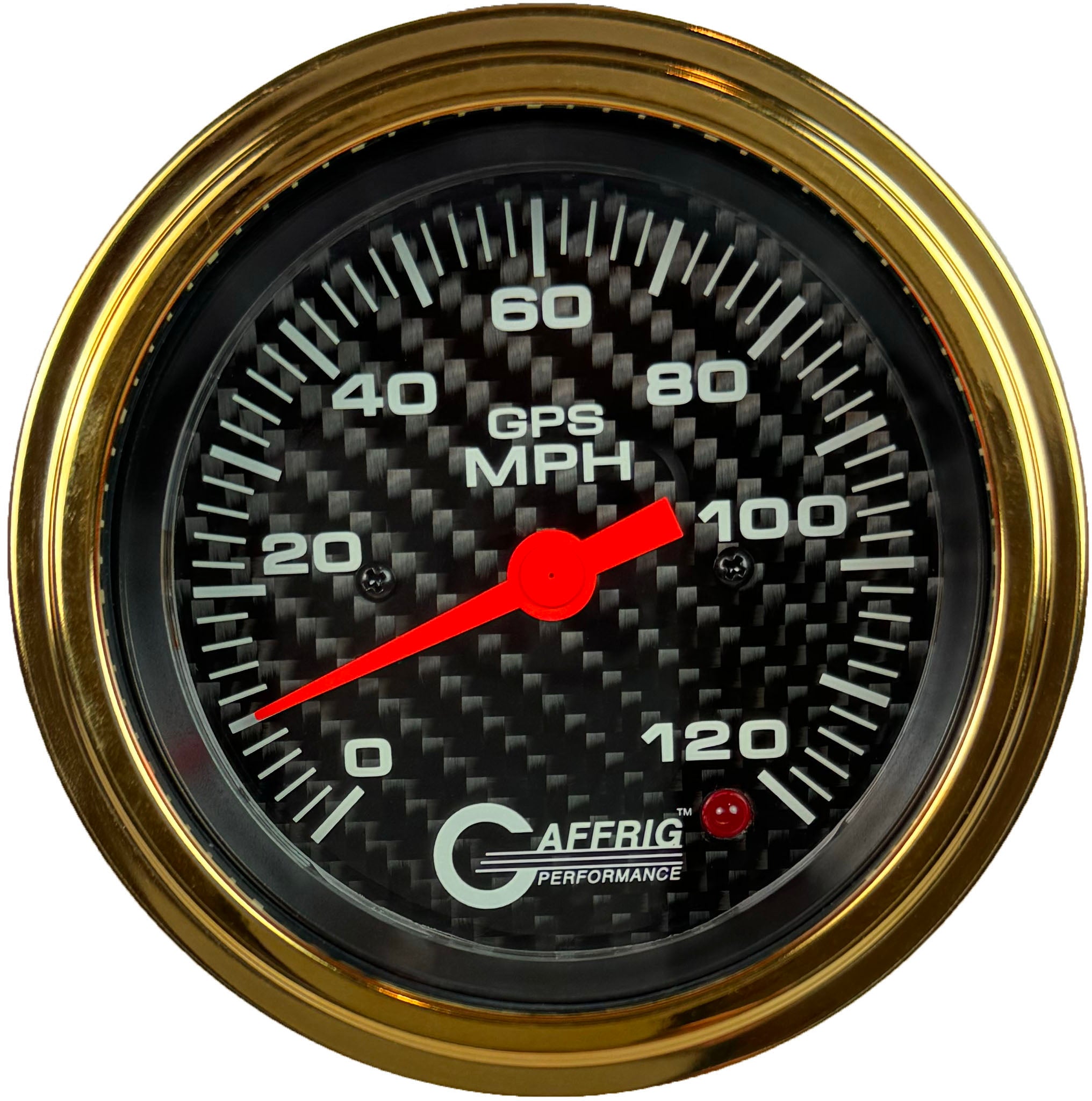 GAFFRIG PART #4055 3 3/8 INCH GPS ANALOG 120 MPH SPEEDOMETER KIT HEAD ONLY CARBON FIBER GOLD / STEP RIM