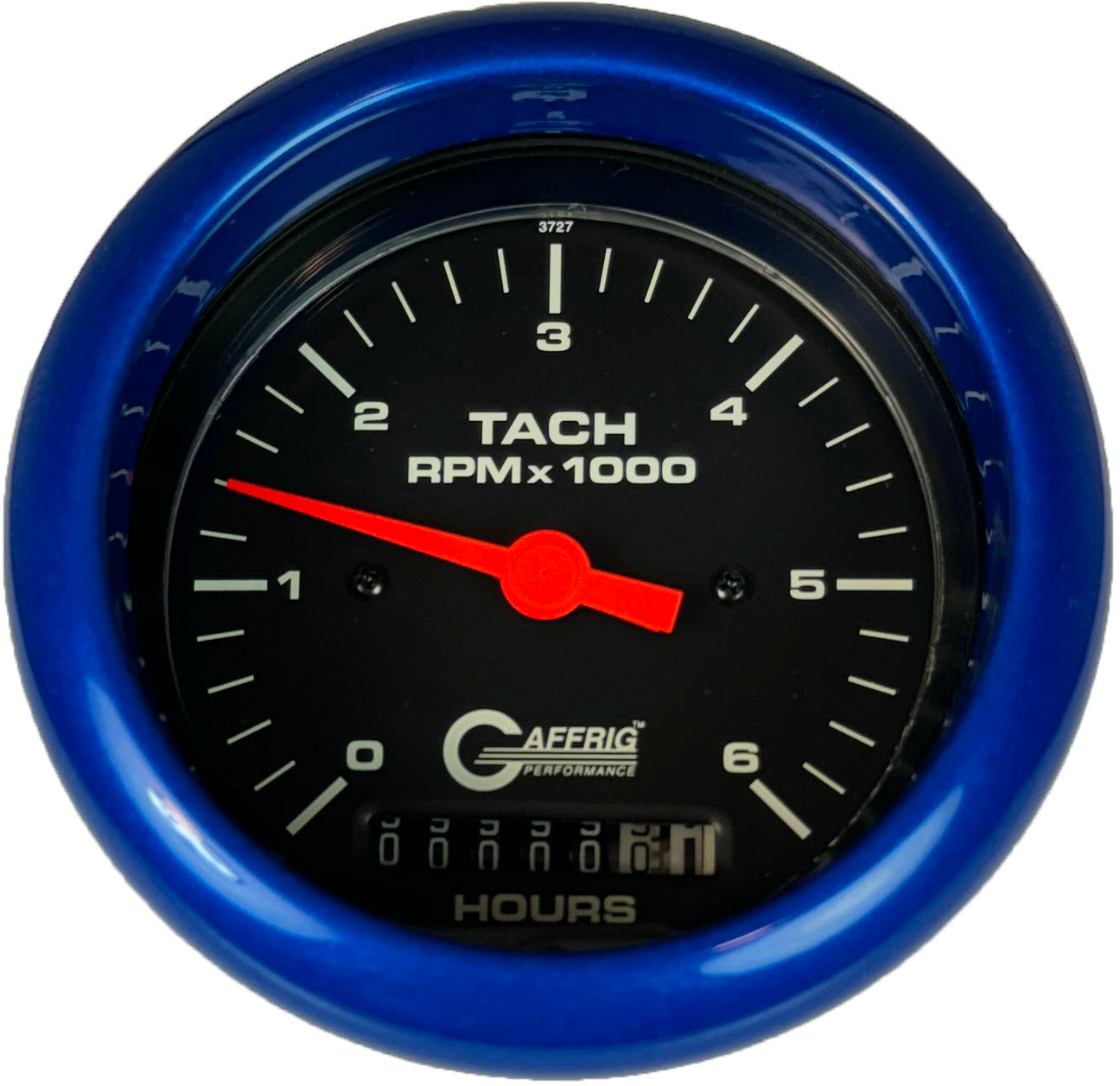GAFFRIG PART #4258 3 3/8 INCH ELECTRIC TACH/HOUR METER GAUGE 0-6000 RPM BLACK BLUE / STEP RIM