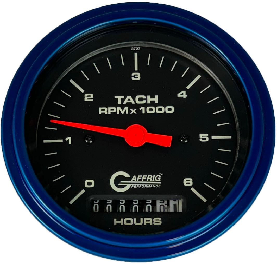 GAFFRIG PART #4258 3 3/8 INCH ELECTRIC TACH/HOUR METER GAUGE 0-6000 RPM BLACK BLUE / STEP RIM