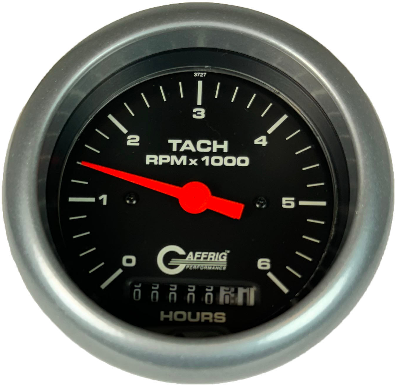 GAFFRIG PART #4258 3 3/8 INCH ELECTRIC TACH/HOUR METER GAUGE 0-6000 RPM BLACK PLATINUM / STEP RIM