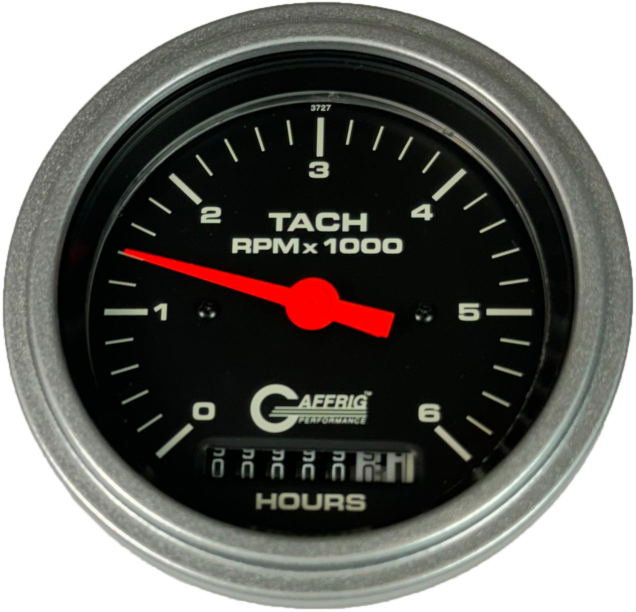 GAFFRIG PART #4258 3 3/8 INCH ELECTRIC TACH/HOUR METER GAUGE 0-6000 RPM BLACK PLATINUM / STEP RIM
