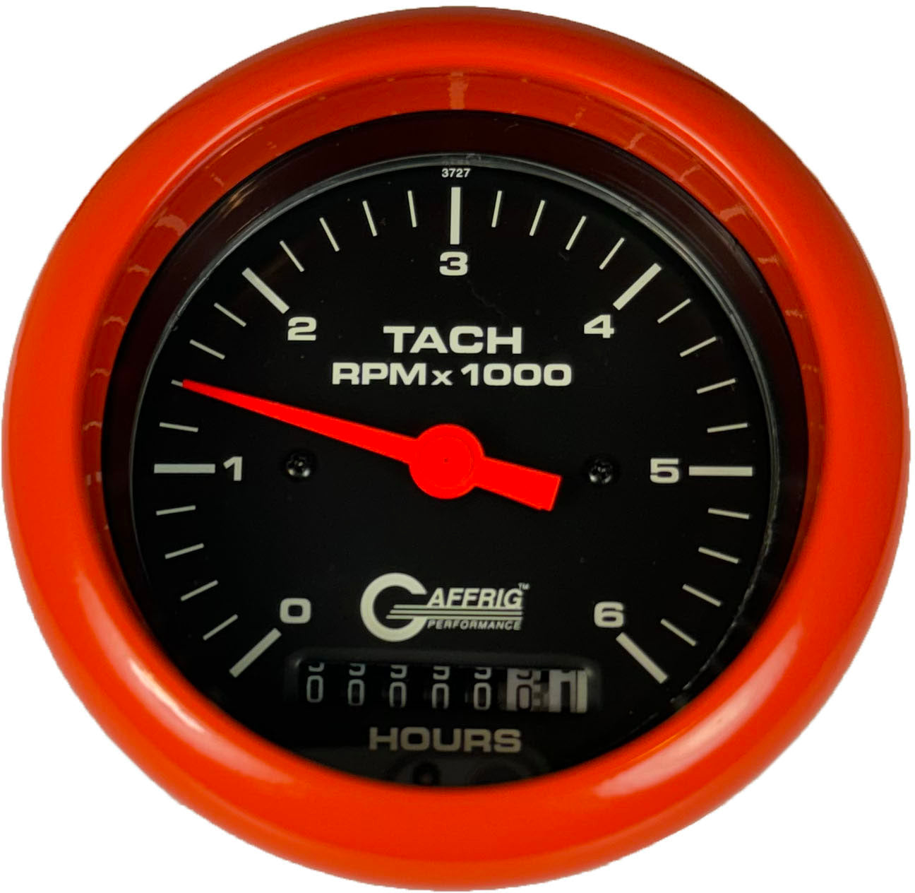 GAFFRIG PART #4258 3 3/8 INCH ELECTRIC TACH/HOUR METER GAUGE 0-6000 RPM BLACK ORANGE / STEP RIM