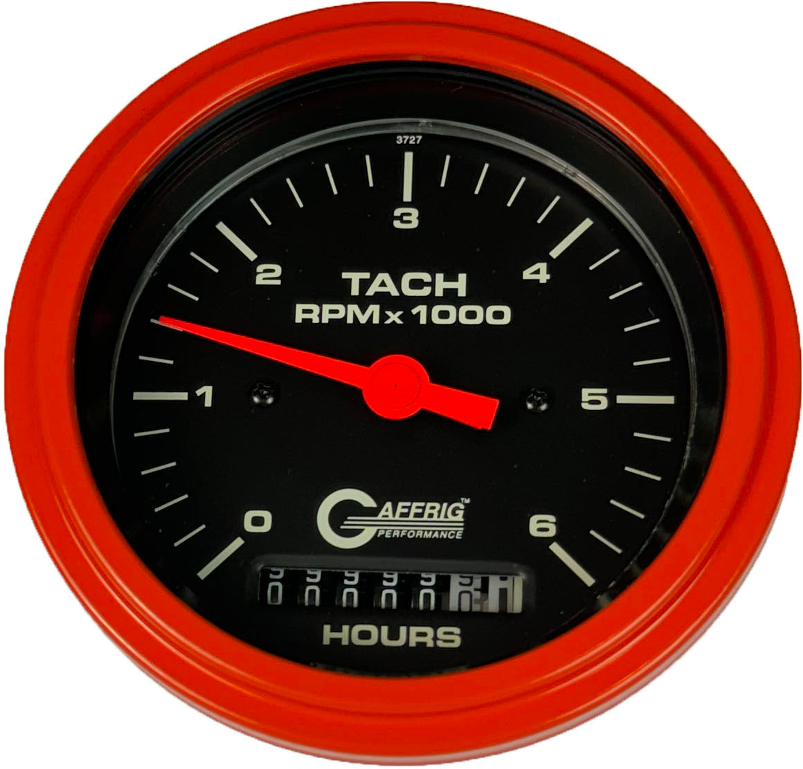GAFFRIG PART #4258 3 3/8 INCH ELECTRIC TACH/HOUR METER GAUGE 0-6000 RPM BLACK ORANGE / STEP RIM