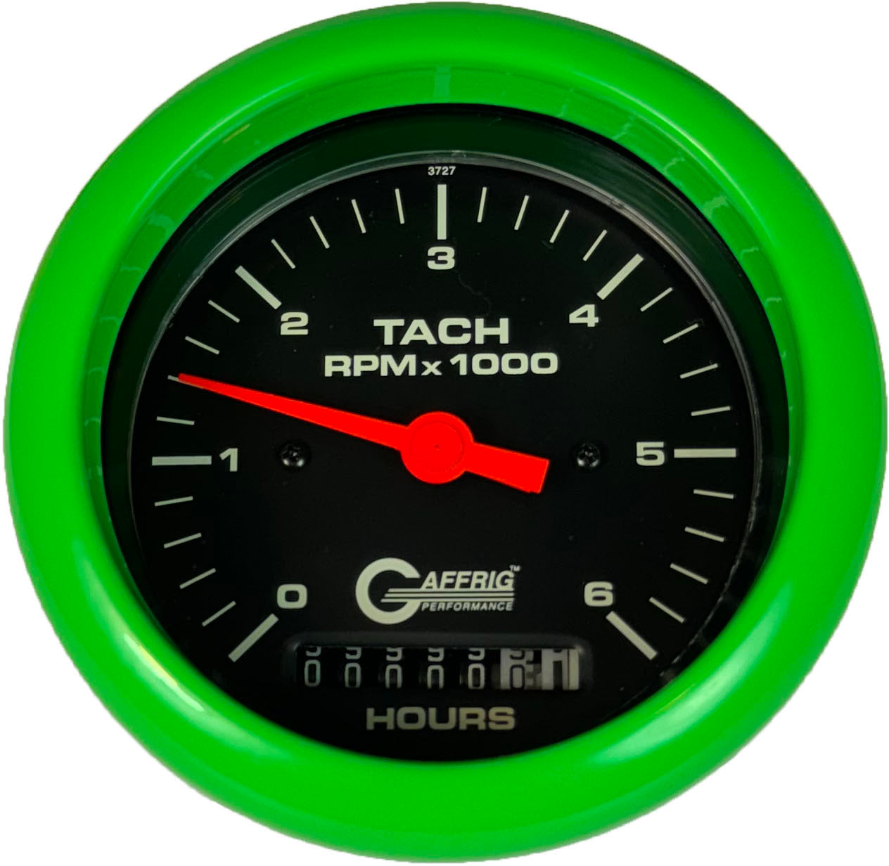 GAFFRIG PART #4258 3 3/8 INCH ELECTRIC TACH/HOUR METER GAUGE 0-6000 RPM BLACK LIME GREEN / STEP RIM