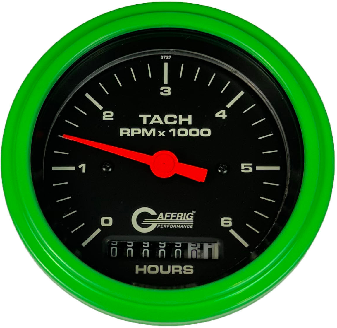 GAFFRIG PART #4258 3 3/8 INCH ELECTRIC TACH/HOUR METER GAUGE 0-6000 RPM BLACK LIME GREEN / STEP RIM