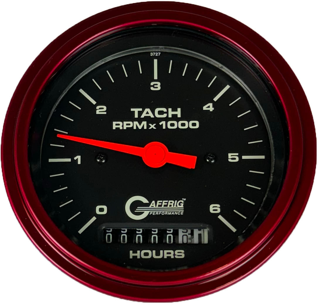 GAFFRIG PART #4258 3 3/8 INCH ELECTRIC TACH/HOUR METER GAUGE 0-6000 RPM BLACK RED / STEP RIM