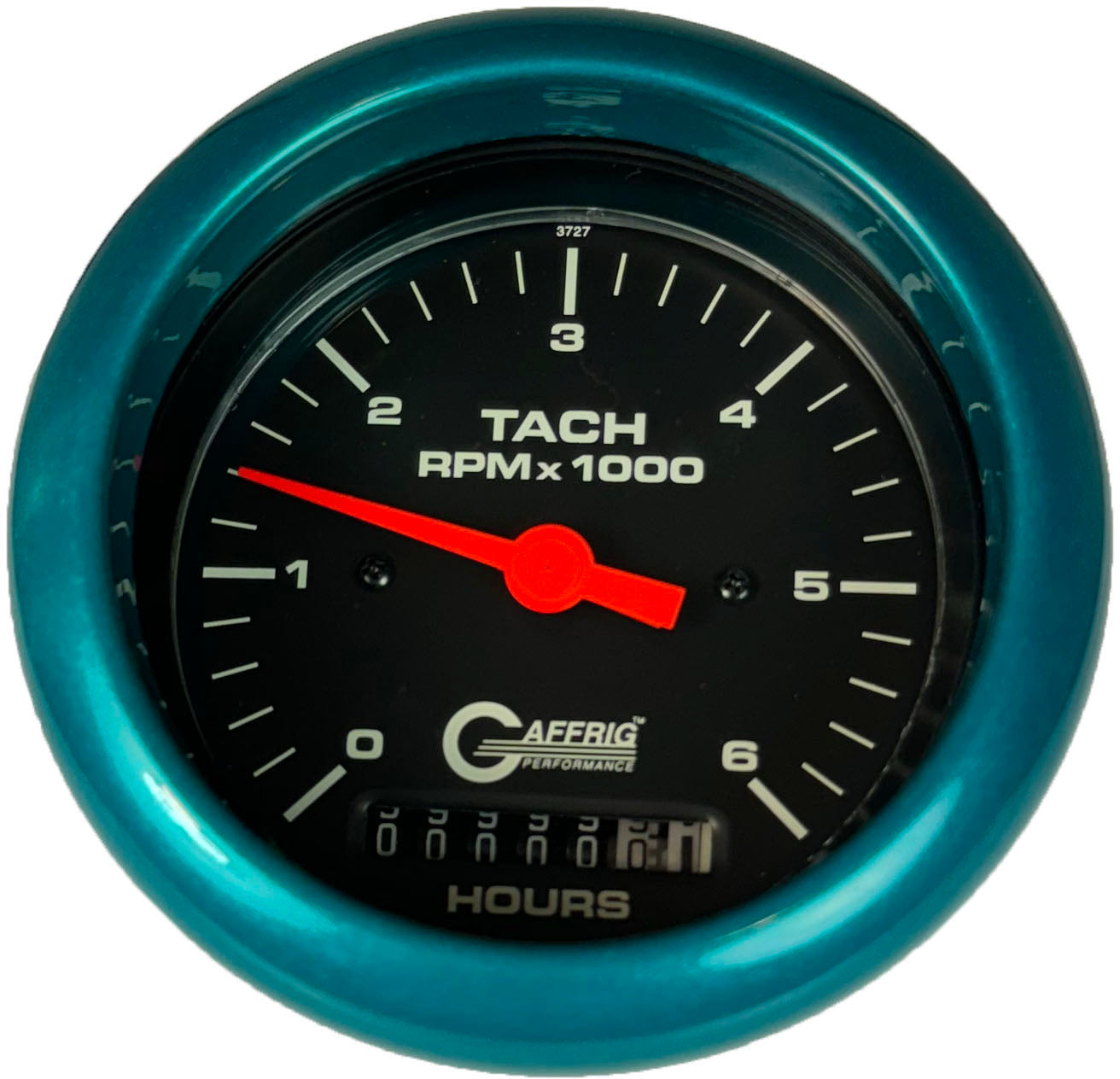 GAFFRIG PART #4258 3 3/8 INCH ELECTRIC TACH/HOUR METER GAUGE 0-6000 RPM BLACK TEAL / STEP RIM