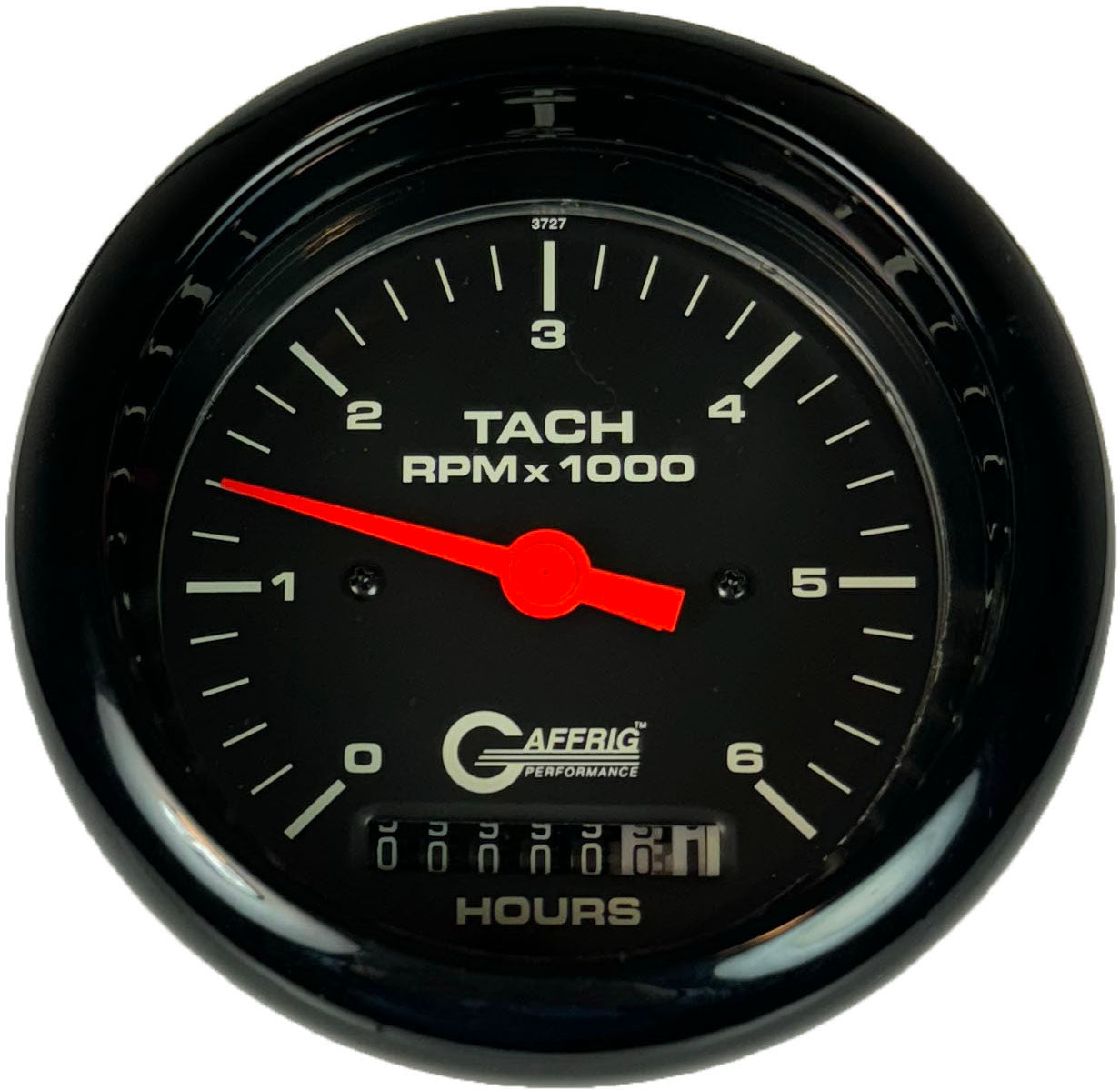 GAFFRIG PART #4258 3 3/8 INCH ELECTRIC TACH/HOUR METER GAUGE 0-6000 RPM BLACK BLACK / FAT RIM