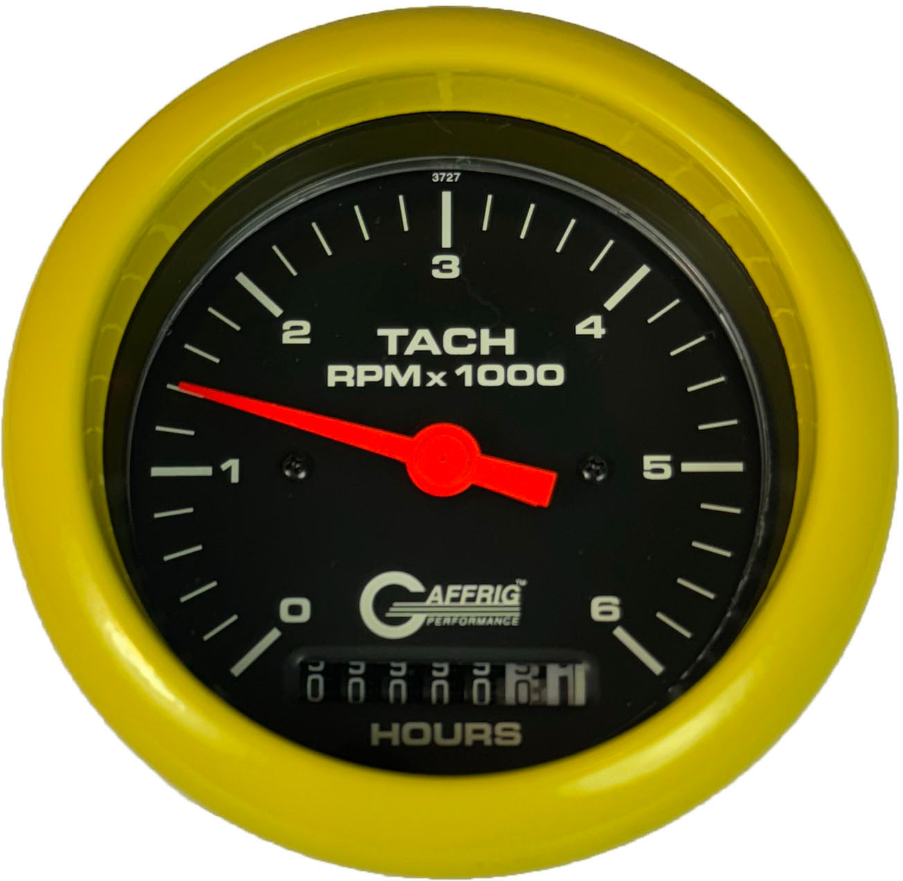 GAFFRIG PART #4258 3 3/8 INCH ELECTRIC TACH/HOUR METER GAUGE 0-6000 RPM BLACK YELLOW / STEP RIM