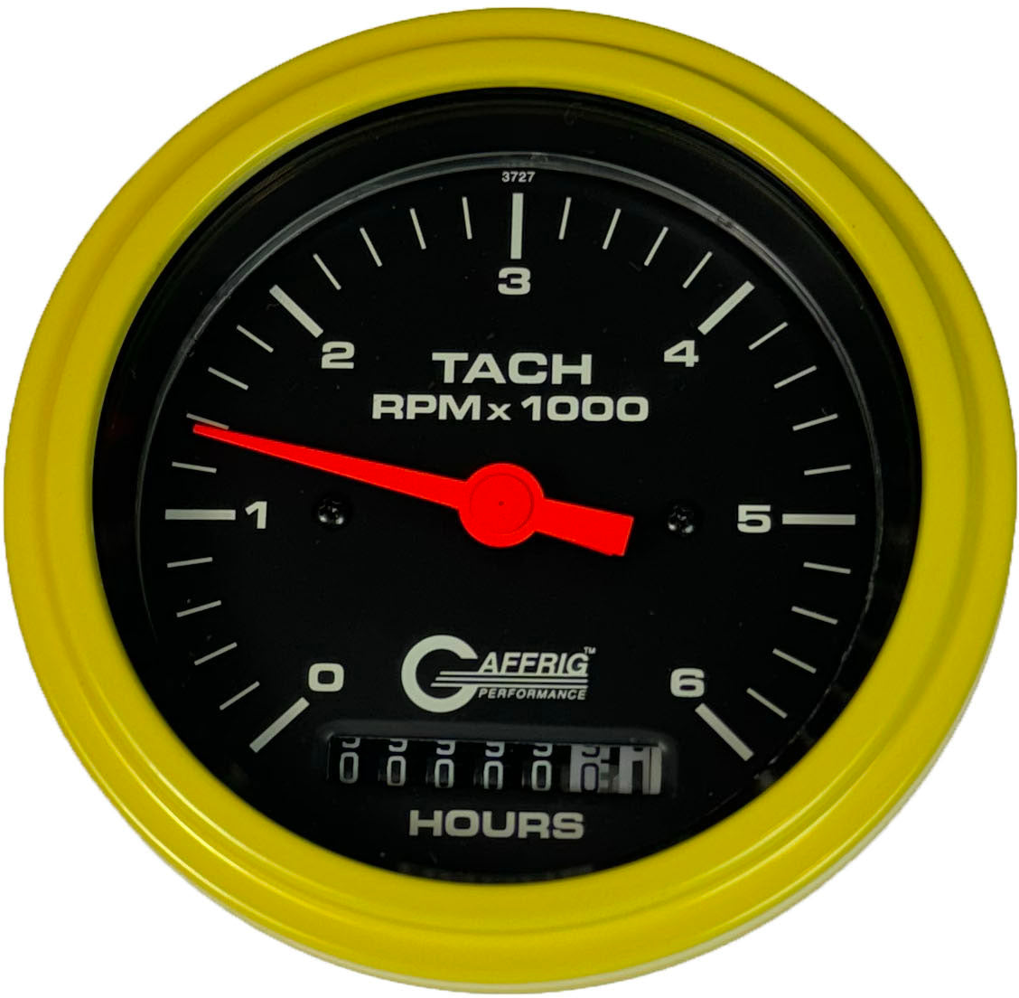 GAFFRIG PART #4258 3 3/8 INCH ELECTRIC TACH/HOUR METER GAUGE 0-6000 RPM BLACK YELLOW / STEP RIM