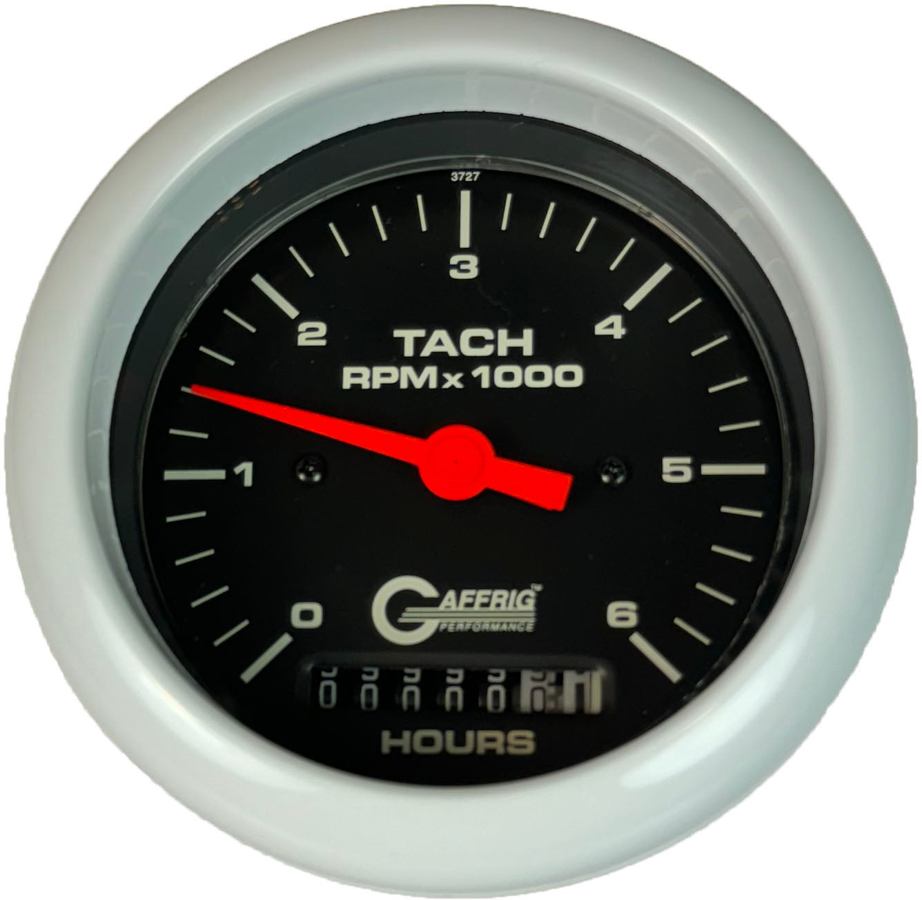 GAFFRIG PART #4258 3 3/8 INCH ELECTRIC TACH/HOUR METER GAUGE 0-6000 RPM BLACK WHITE / STEP RIM