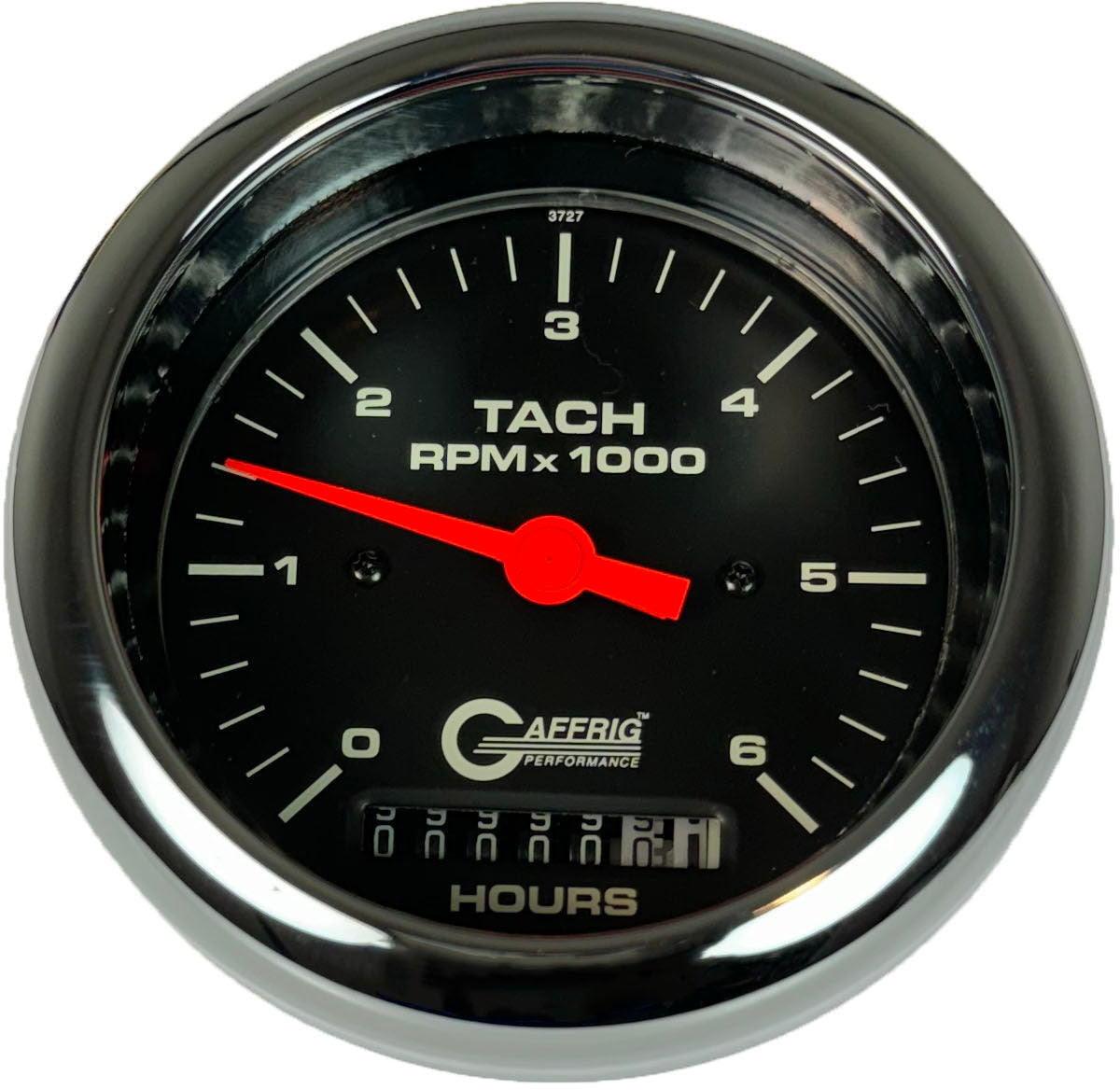 GAFFRIG PART #4258 3 3/8 INCH ELECTRIC TACH/HOUR METER GAUGE 0-6000 RPM BLACK CHROME / STEP RIM