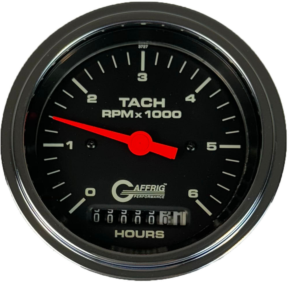 GAFFRIG PART #4258 3 3/8 INCH ELECTRIC TACH/HOUR METER GAUGE 0-6000 RPM BLACK CHROME / STEP RIM