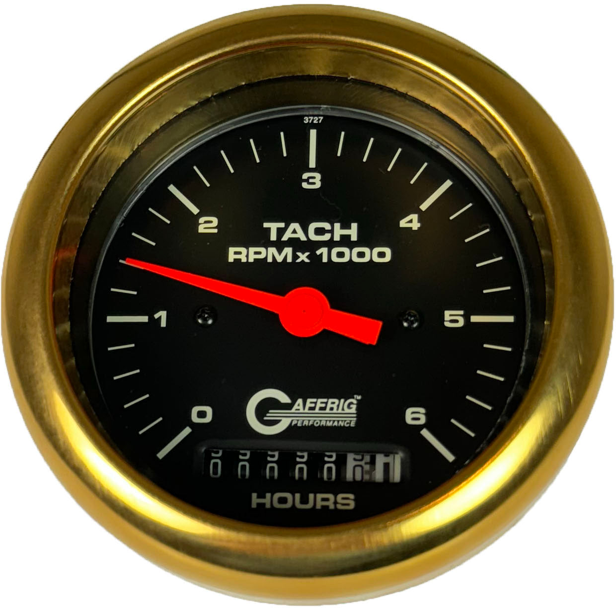 GAFFRIG PART #4258 3 3/8 INCH ELECTRIC TACH/HOUR METER GAUGE 0-6000 RPM BLACK GOLD / STEP RIM