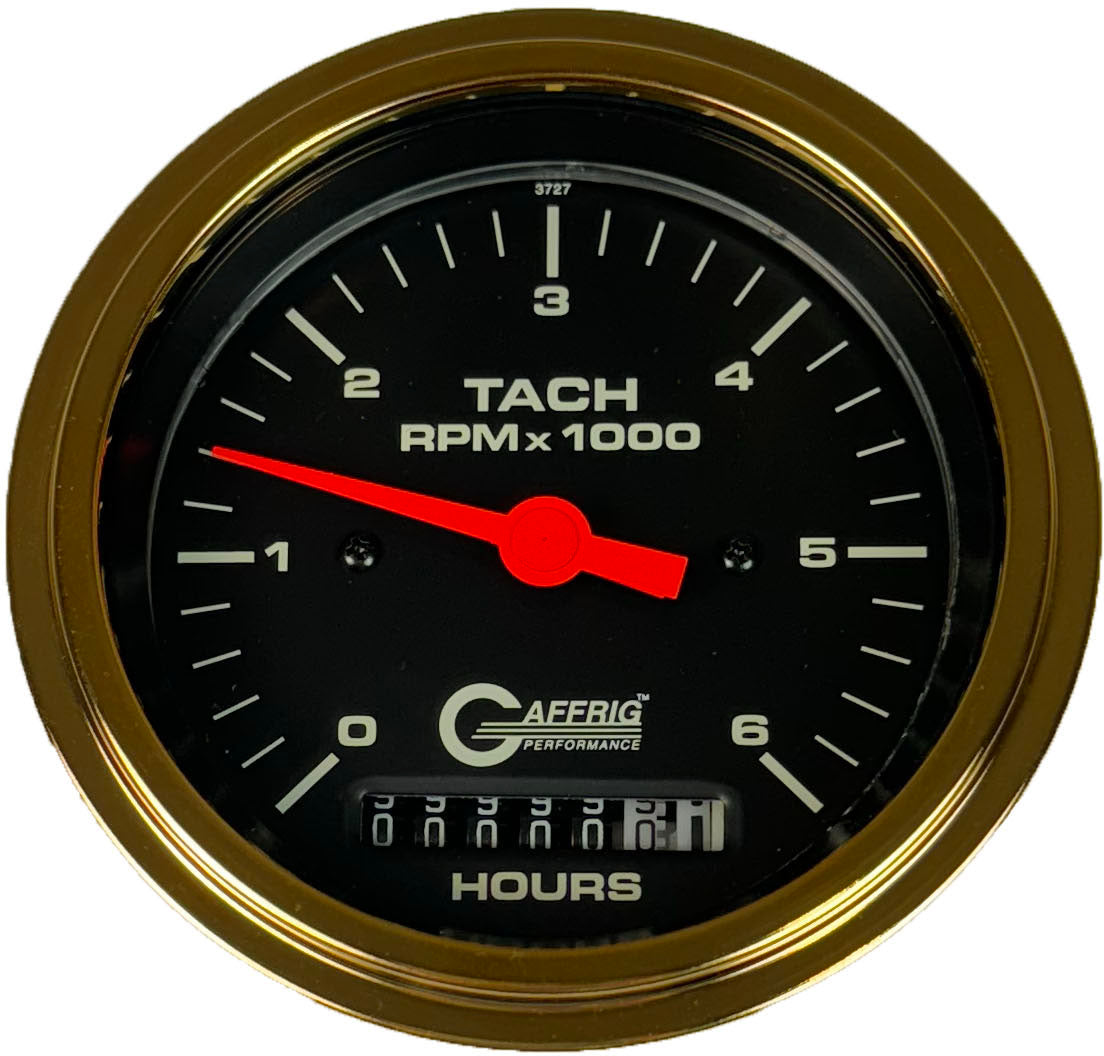 GAFFRIG PART #4258 3 3/8 INCH ELECTRIC TACH/HOUR METER GAUGE 0-6000 RPM BLACK GOLD / STEP RIM