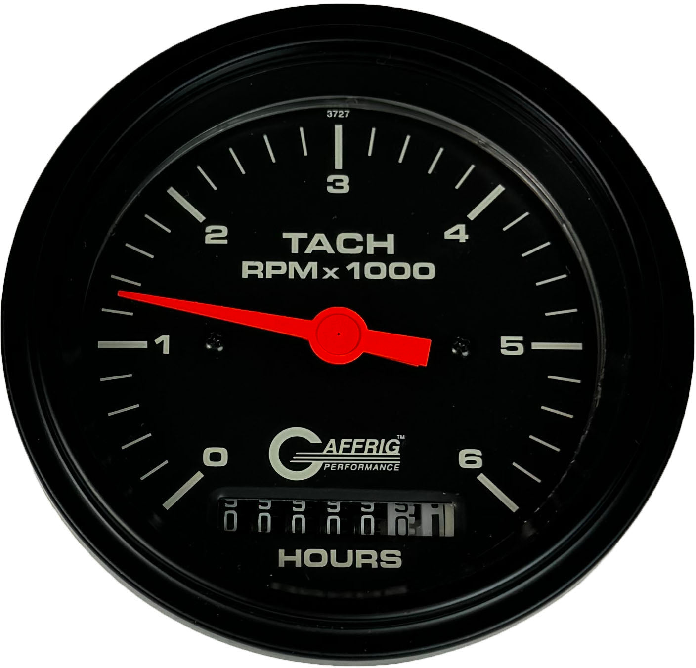 GAFFRIG PART #4258 3 3/8 INCH ELECTRIC TACH/HOUR METER GAUGE 0-6000 RPM BLACK BLACK / STEP RIM