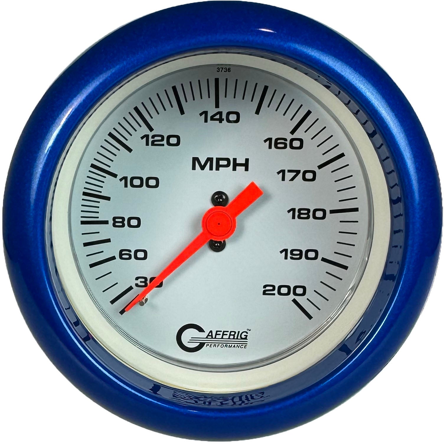 GAFFRIG PART #4514 3 3/8 INCH MECHANICAL DRY SPEEDOMETER GAUGE 200 MPH WHITE - HEAD ONLY BLUE / STEP RIM