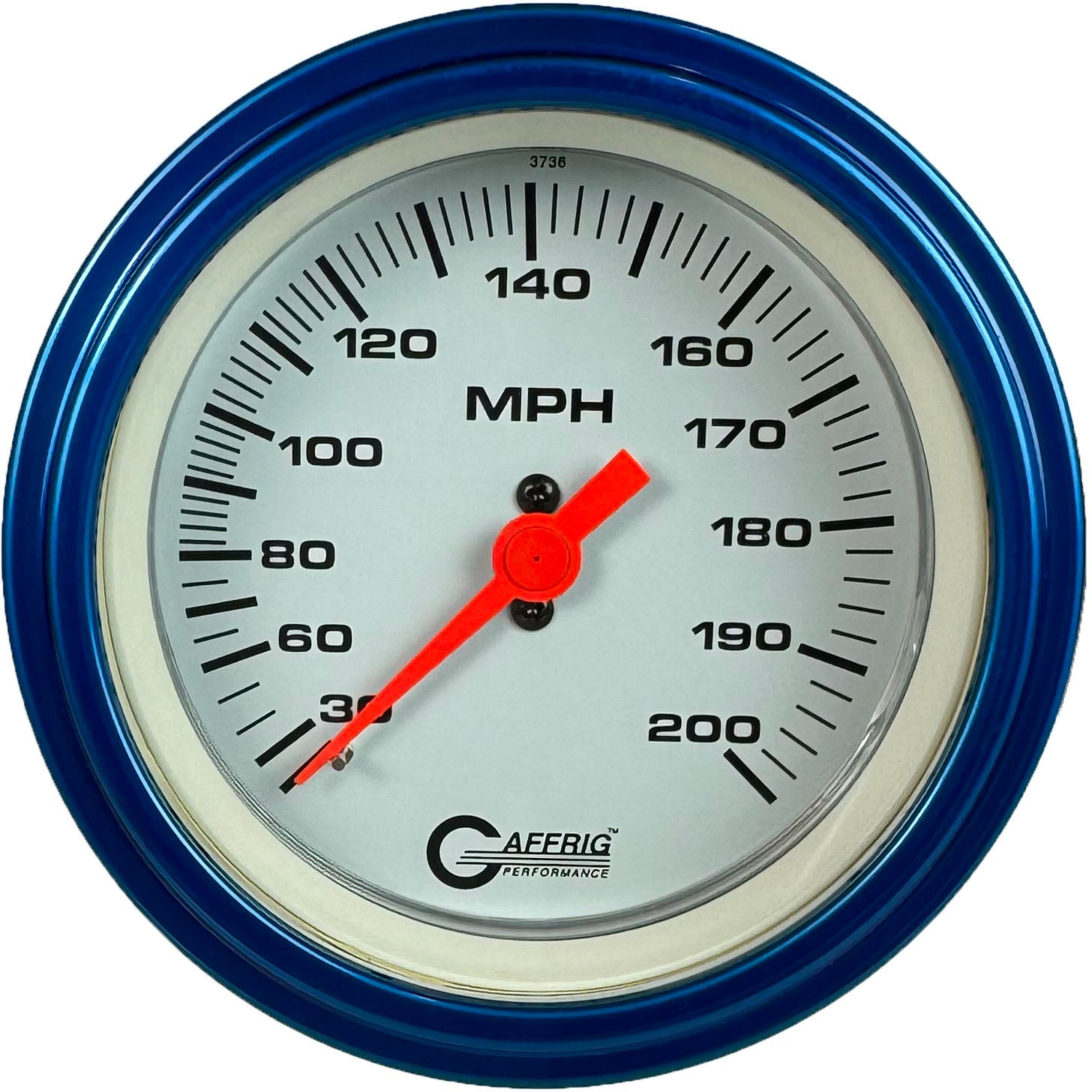 GAFFRIG PART #4514 3 3/8 INCH MECHANICAL DRY SPEEDOMETER GAUGE 200 MPH WHITE - HEAD ONLY BLUE / STEP RIM