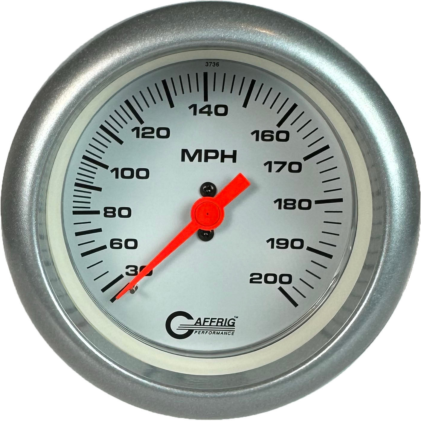 GAFFRIG PART #4514 3 3/8 INCH MECHANICAL DRY SPEEDOMETER GAUGE 200 MPH WHITE - HEAD ONLY PLATINUM / STEP RIM