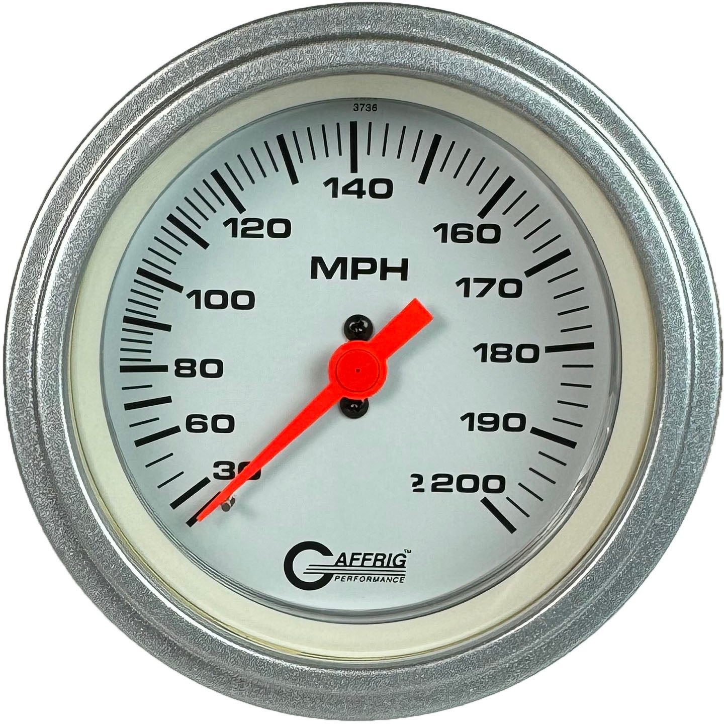GAFFRIG PART #4514 3 3/8 INCH MECHANICAL DRY SPEEDOMETER GAUGE 200 MPH WHITE - HEAD ONLY PLATINUM / STEP RIM
