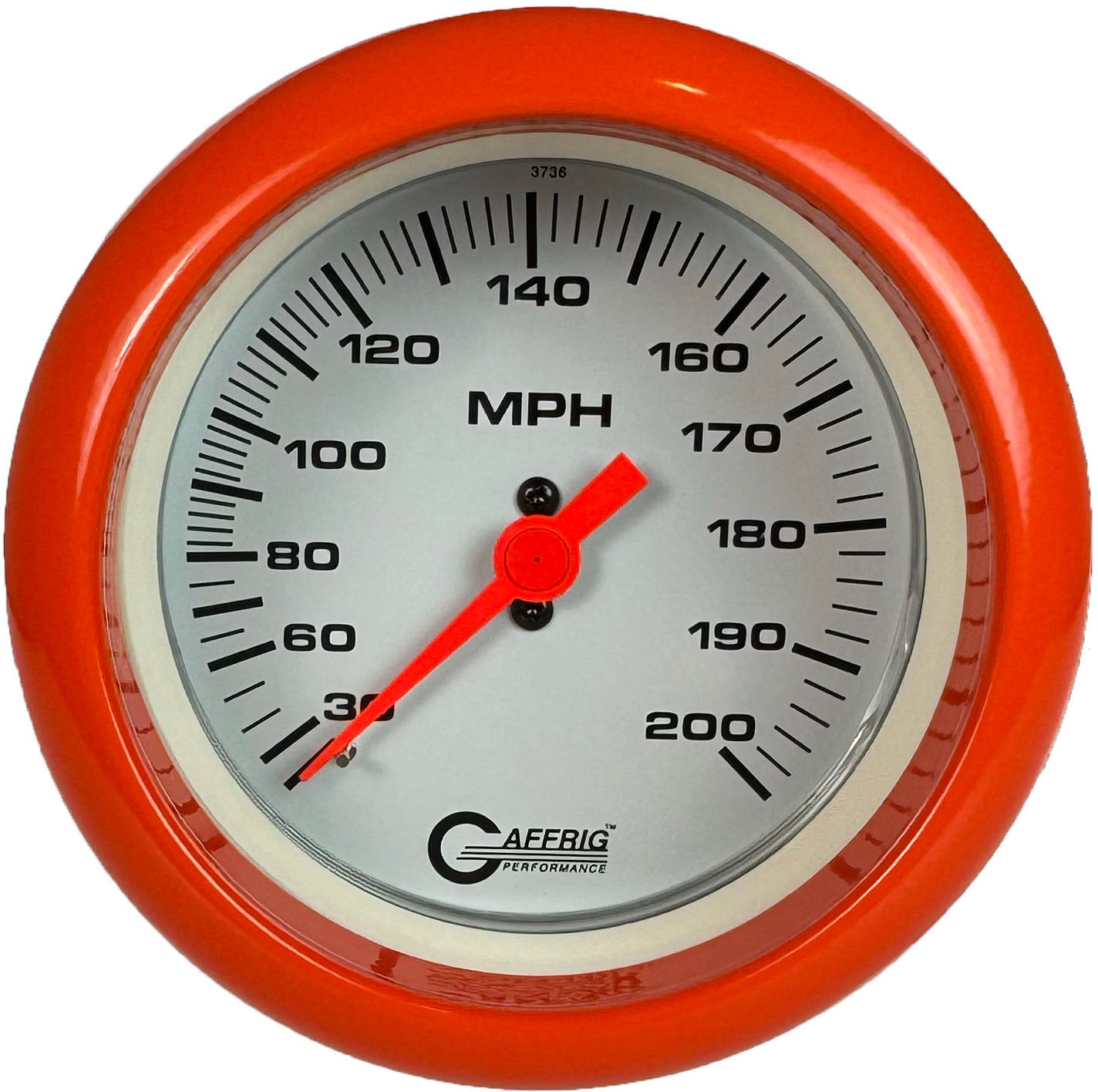 GAFFRIG PART #4514 3 3/8 INCH MECHANICAL DRY SPEEDOMETER GAUGE 200 MPH WHITE - HEAD ONLY ORANGE / STEP RIM