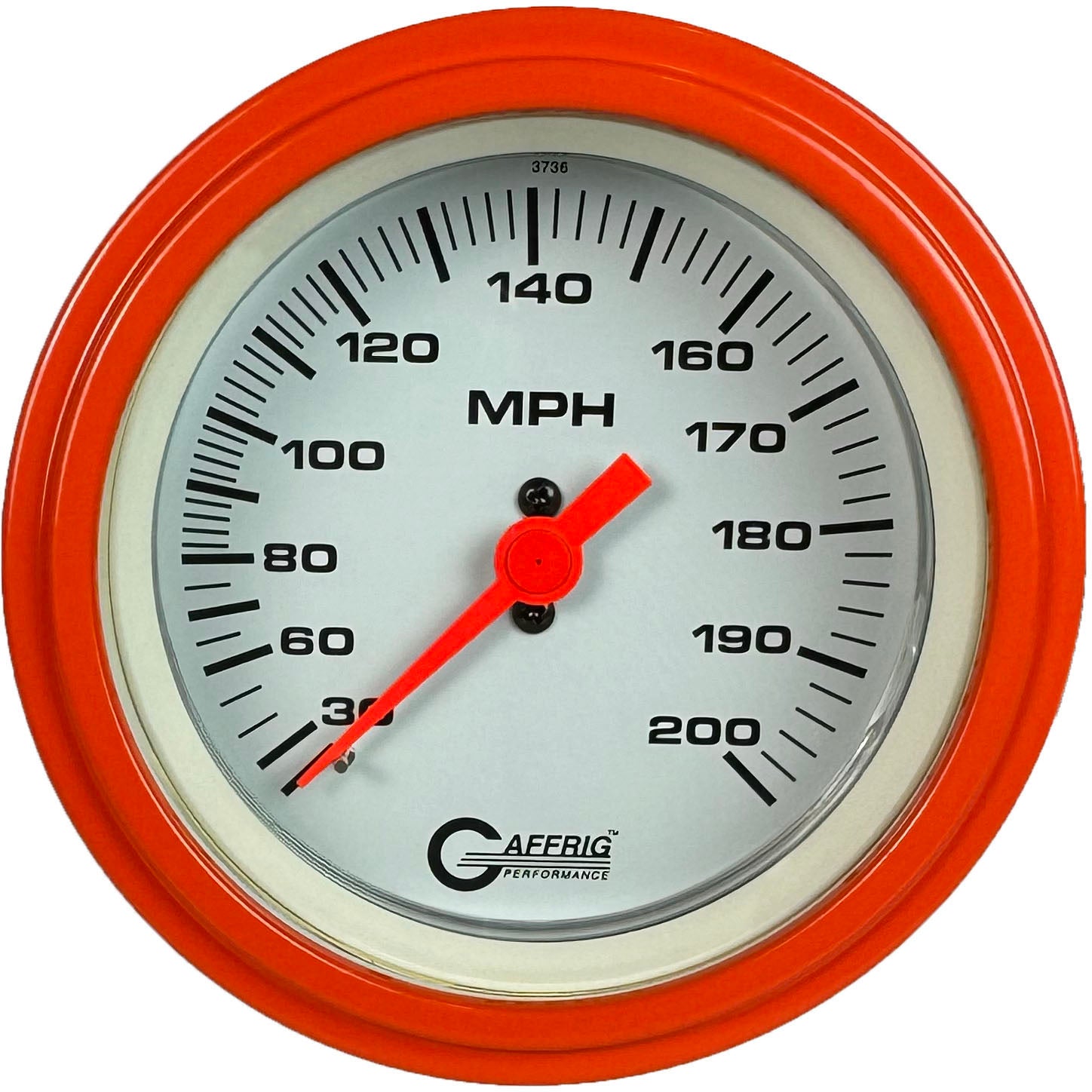 GAFFRIG PART #4514 3 3/8 INCH MECHANICAL DRY SPEEDOMETER GAUGE 200 MPH WHITE - HEAD ONLY ORANGE / STEP RIM