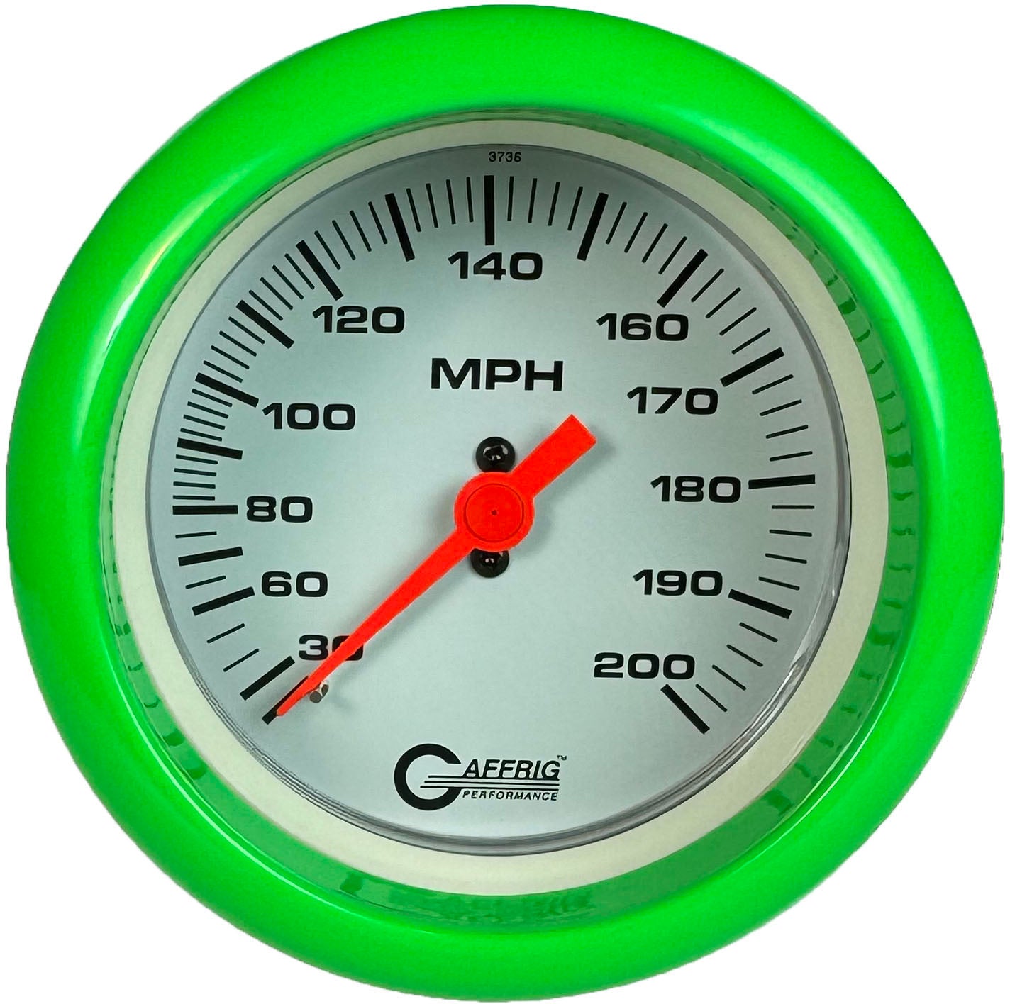 GAFFRIG PART #4514 3 3/8 INCH MECHANICAL DRY SPEEDOMETER GAUGE 200 MPH WHITE - HEAD ONLY LIME GREEN / STEP RIM