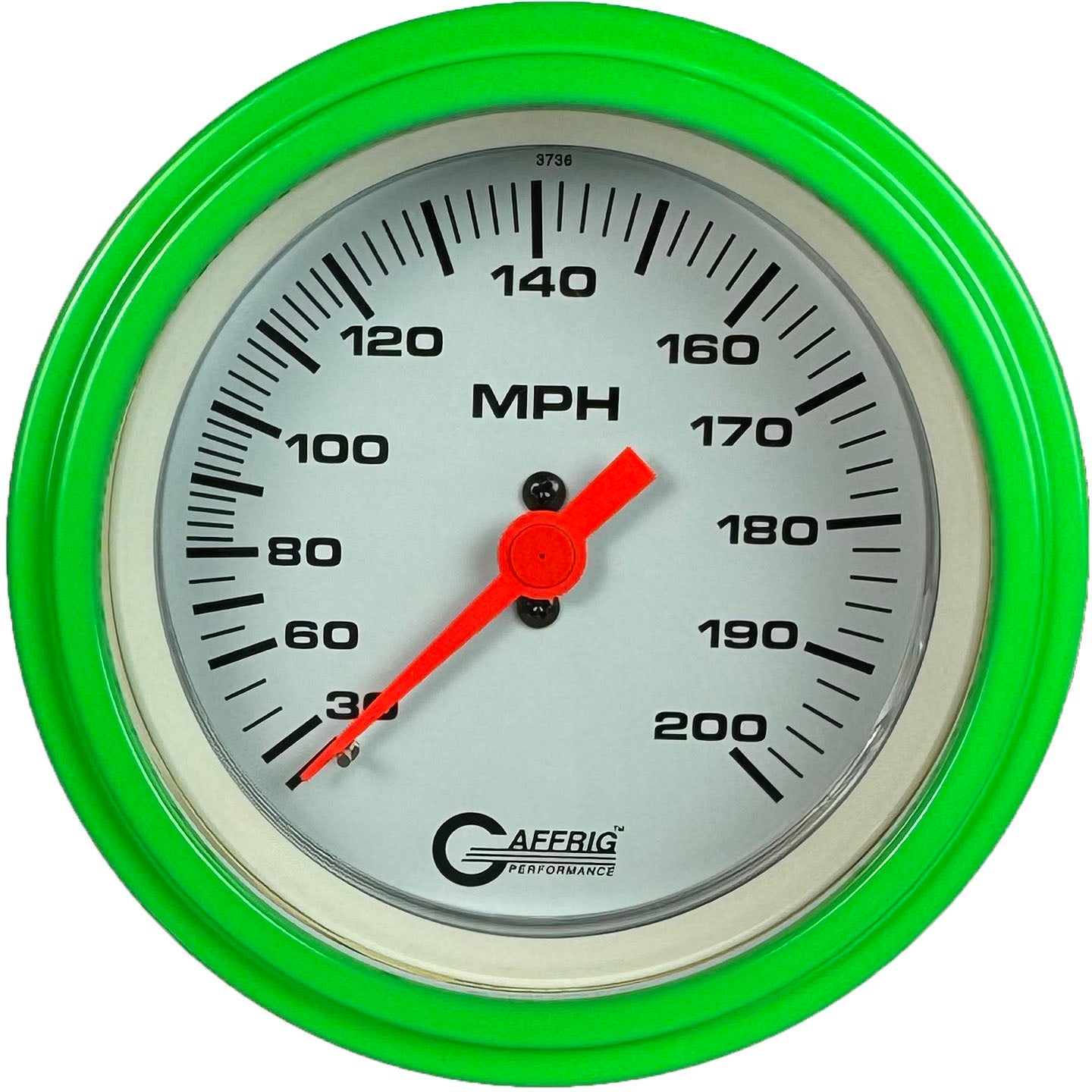GAFFRIG PART #4514 3 3/8 INCH MECHANICAL DRY SPEEDOMETER GAUGE 200 MPH WHITE - HEAD ONLY LIME GREEN / STEP RIM