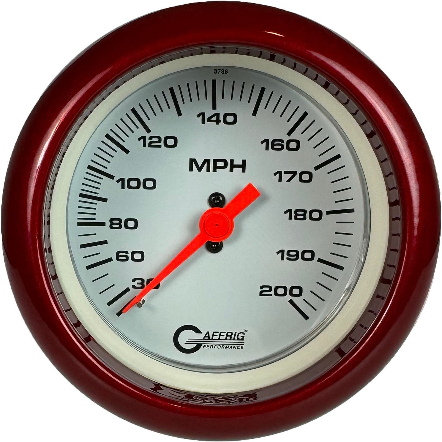 GAFFRIG PART #4514 3 3/8 INCH MECHANICAL DRY SPEEDOMETER GAUGE 200 MPH WHITE - HEAD ONLY RED / STEP RIM