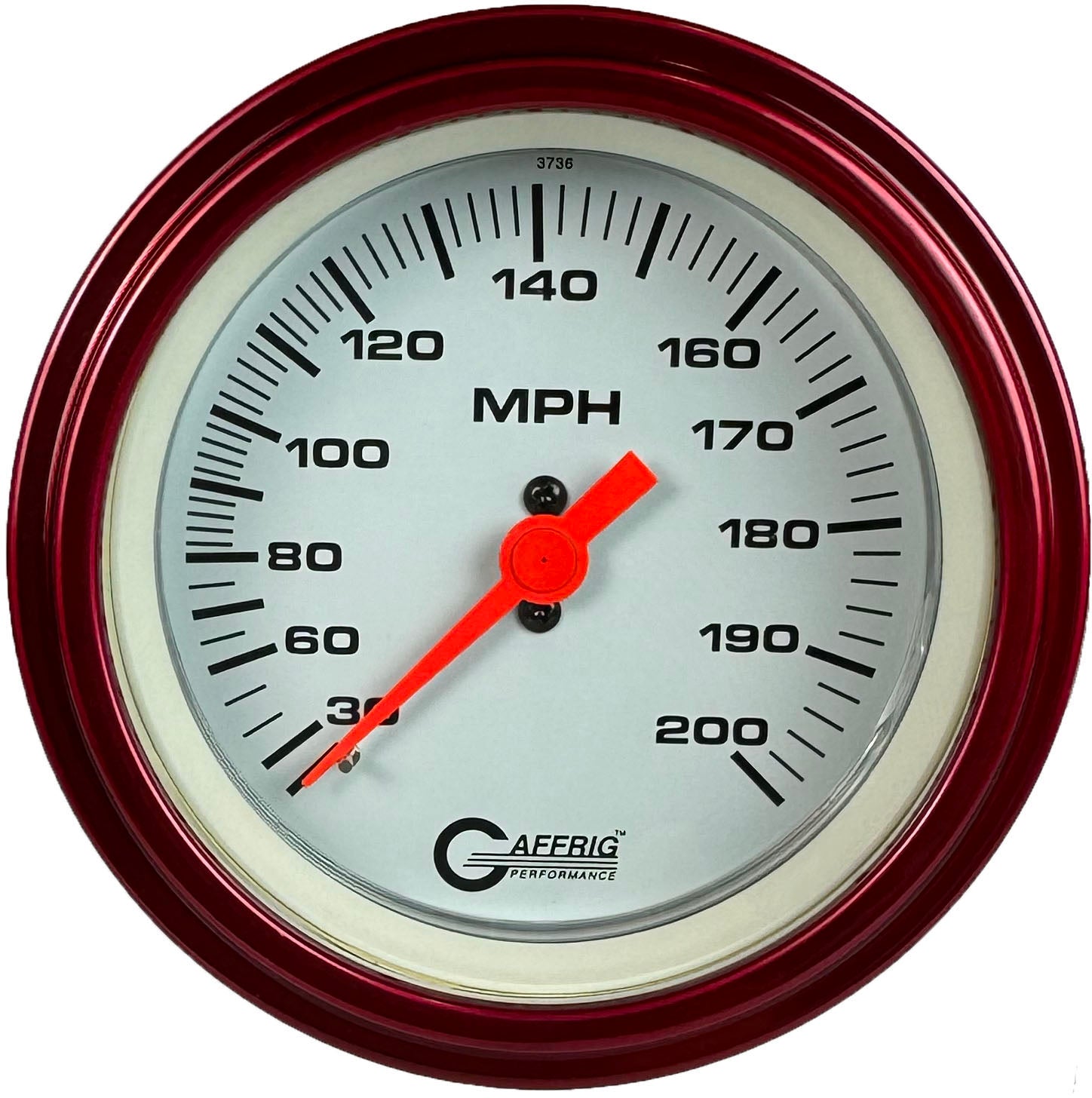 GAFFRIG PART #4514 3 3/8 INCH MECHANICAL DRY SPEEDOMETER GAUGE 200 MPH WHITE - HEAD ONLY RED / STEP RIM