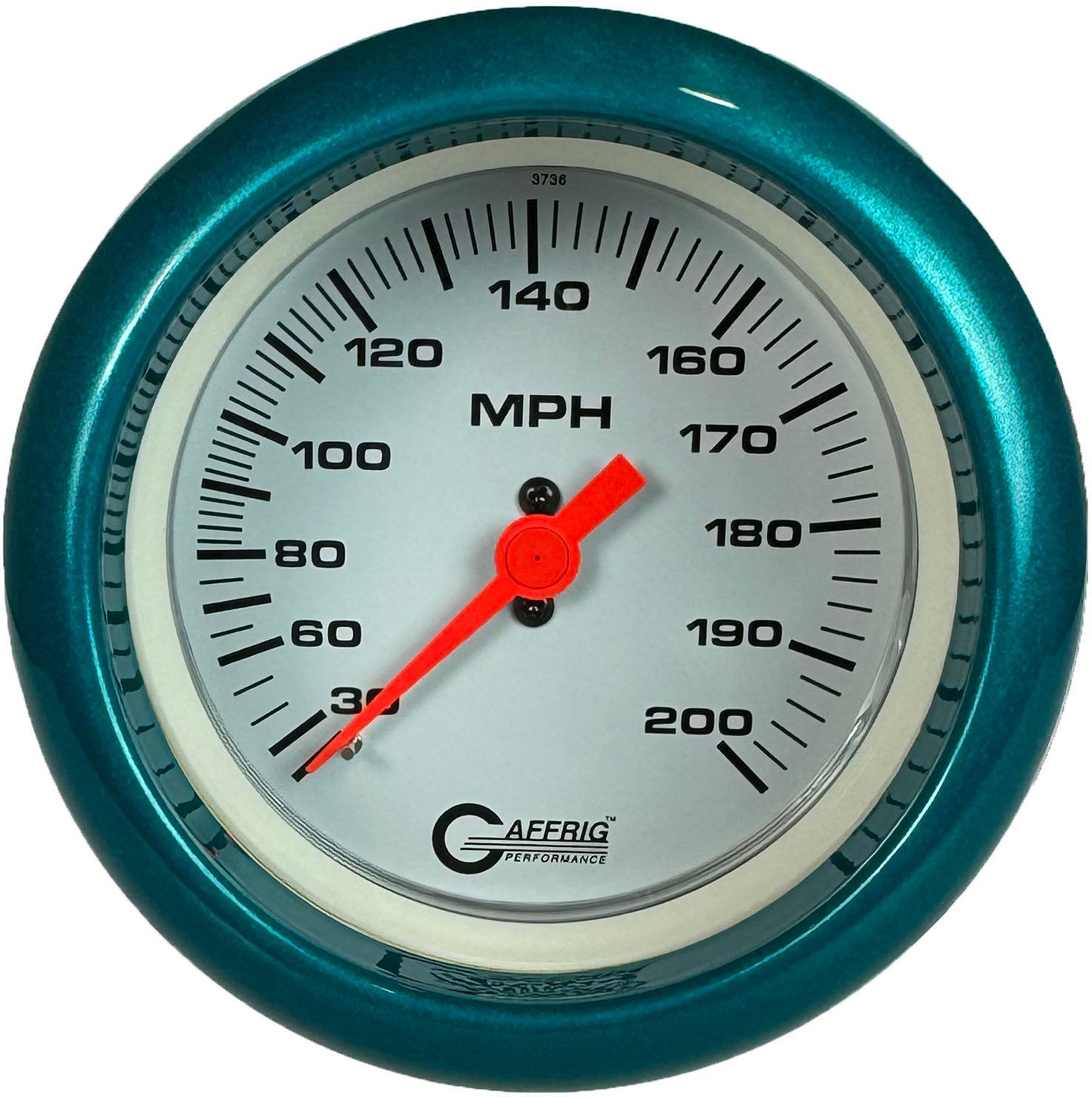 GAFFRIG PART #4514 3 3/8 INCH MECHANICAL DRY SPEEDOMETER GAUGE 200 MPH WHITE - HEAD ONLY TEAL / STEP RIM