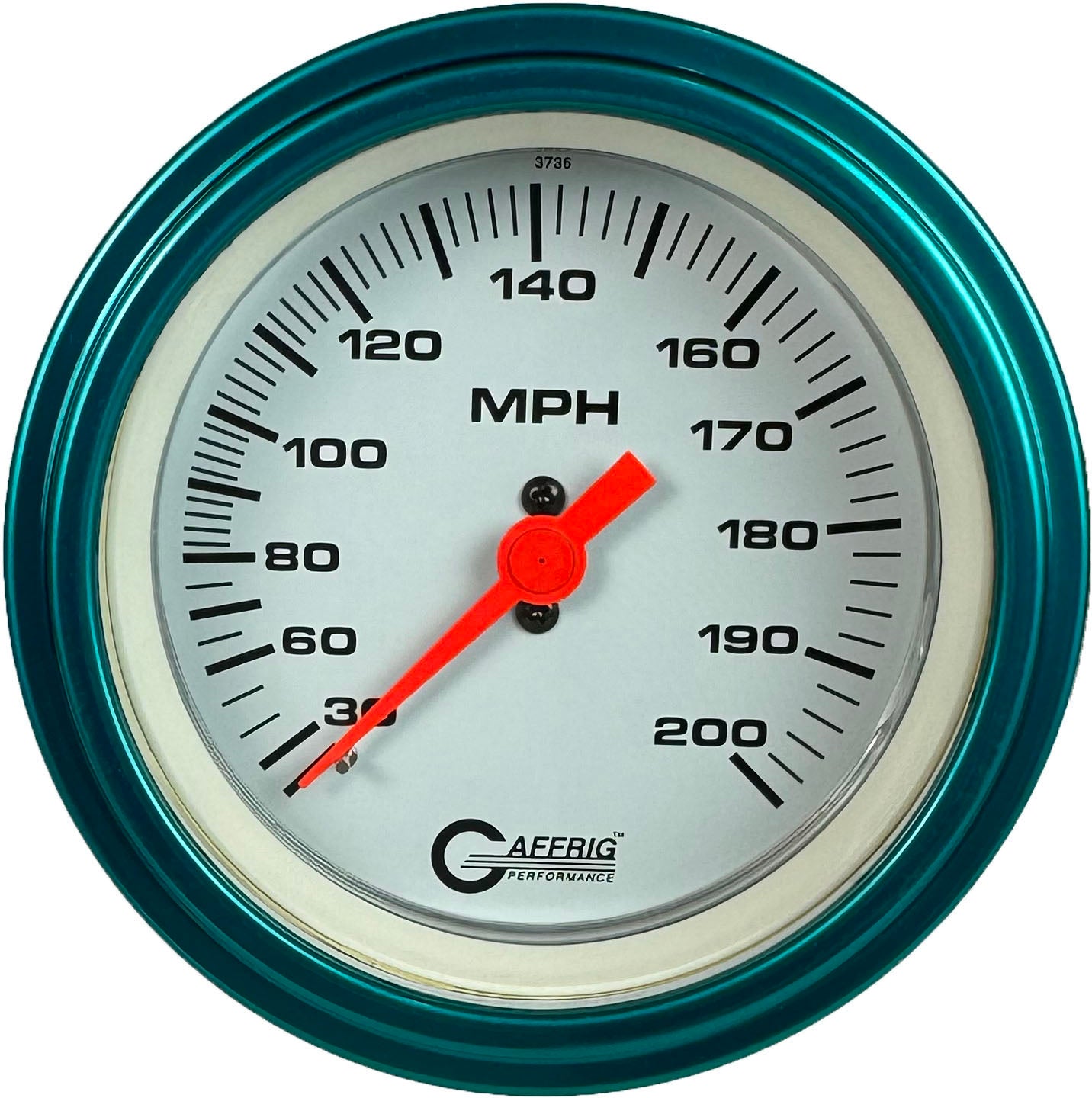 GAFFRIG PART #4514 3 3/8 INCH MECHANICAL DRY SPEEDOMETER GAUGE 200 MPH WHITE - HEAD ONLY TEAL / STEP RIM