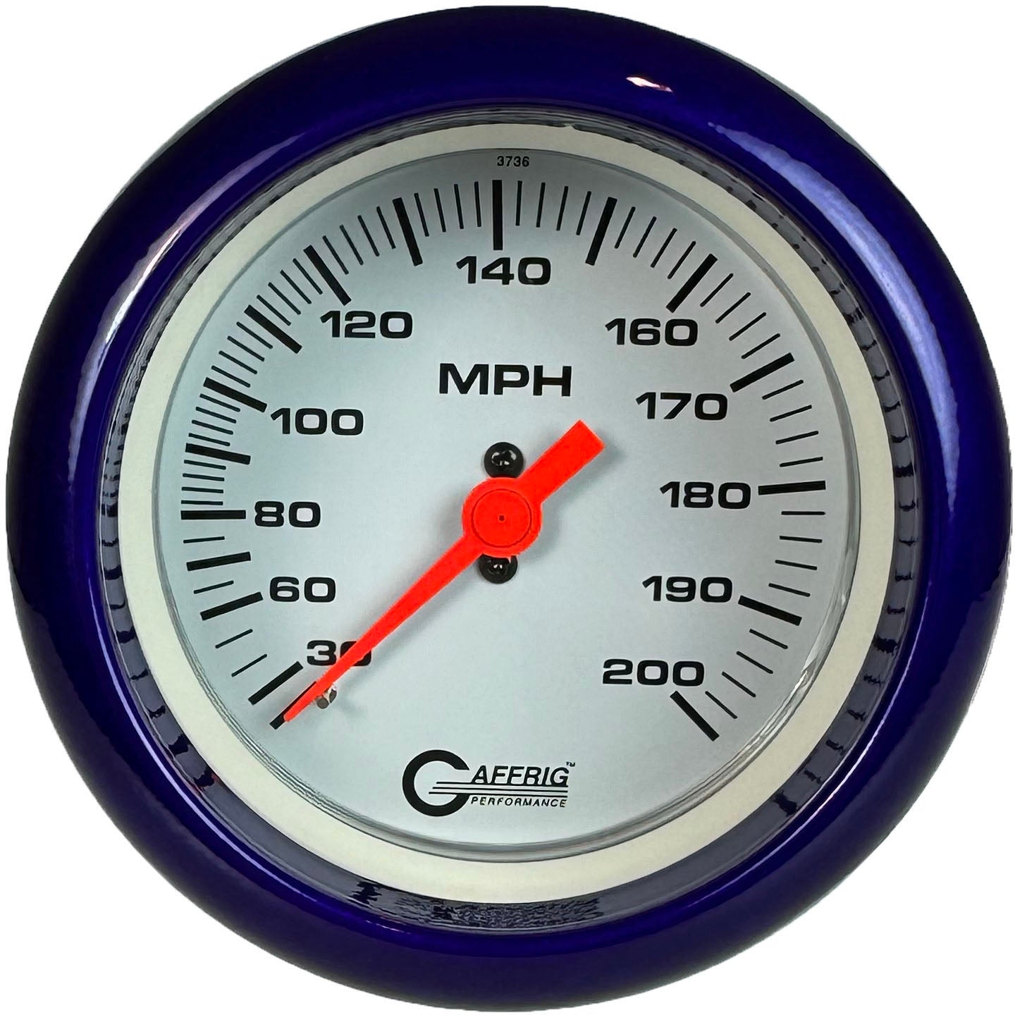 GAFFRIG PART #4514 3 3/8 INCH MECHANICAL DRY SPEEDOMETER GAUGE 200 MPH WHITE - HEAD ONLY PURPLE / STEP RIM
