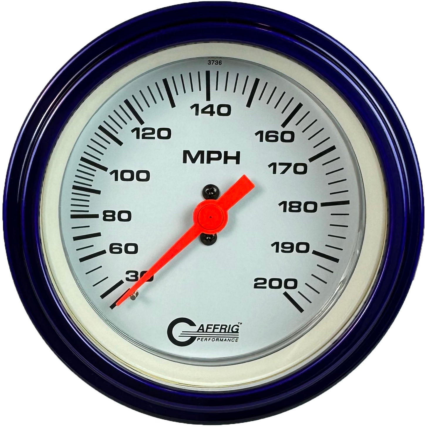 GAFFRIG PART #4514 3 3/8 INCH MECHANICAL DRY SPEEDOMETER GAUGE 200 MPH WHITE - HEAD ONLY PURPLE / STEP RIM
