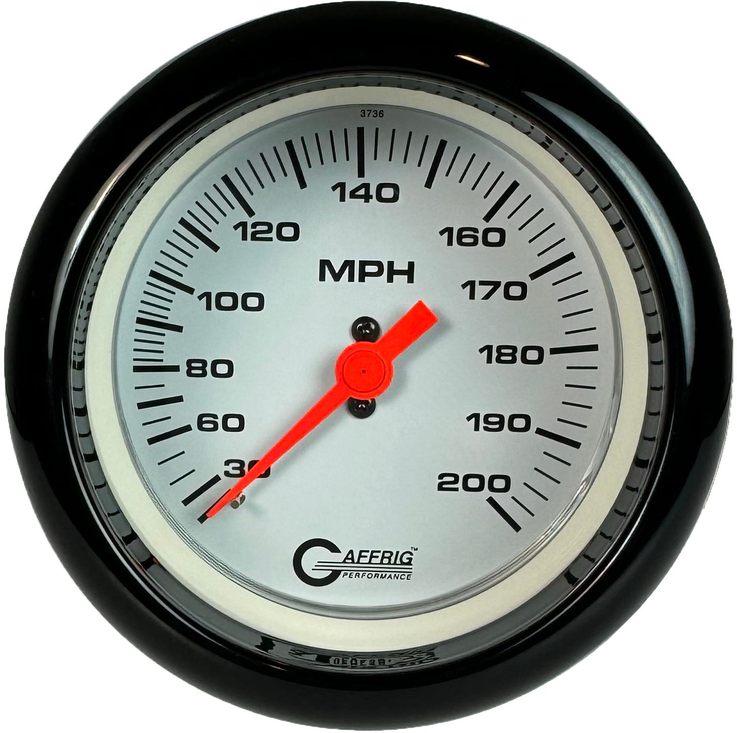 GAFFRIG PART #4514 3 3/8 INCH MECHANICAL DRY SPEEDOMETER GAUGE 200 MPH WHITE - HEAD ONLY BLACK / STEP RIM