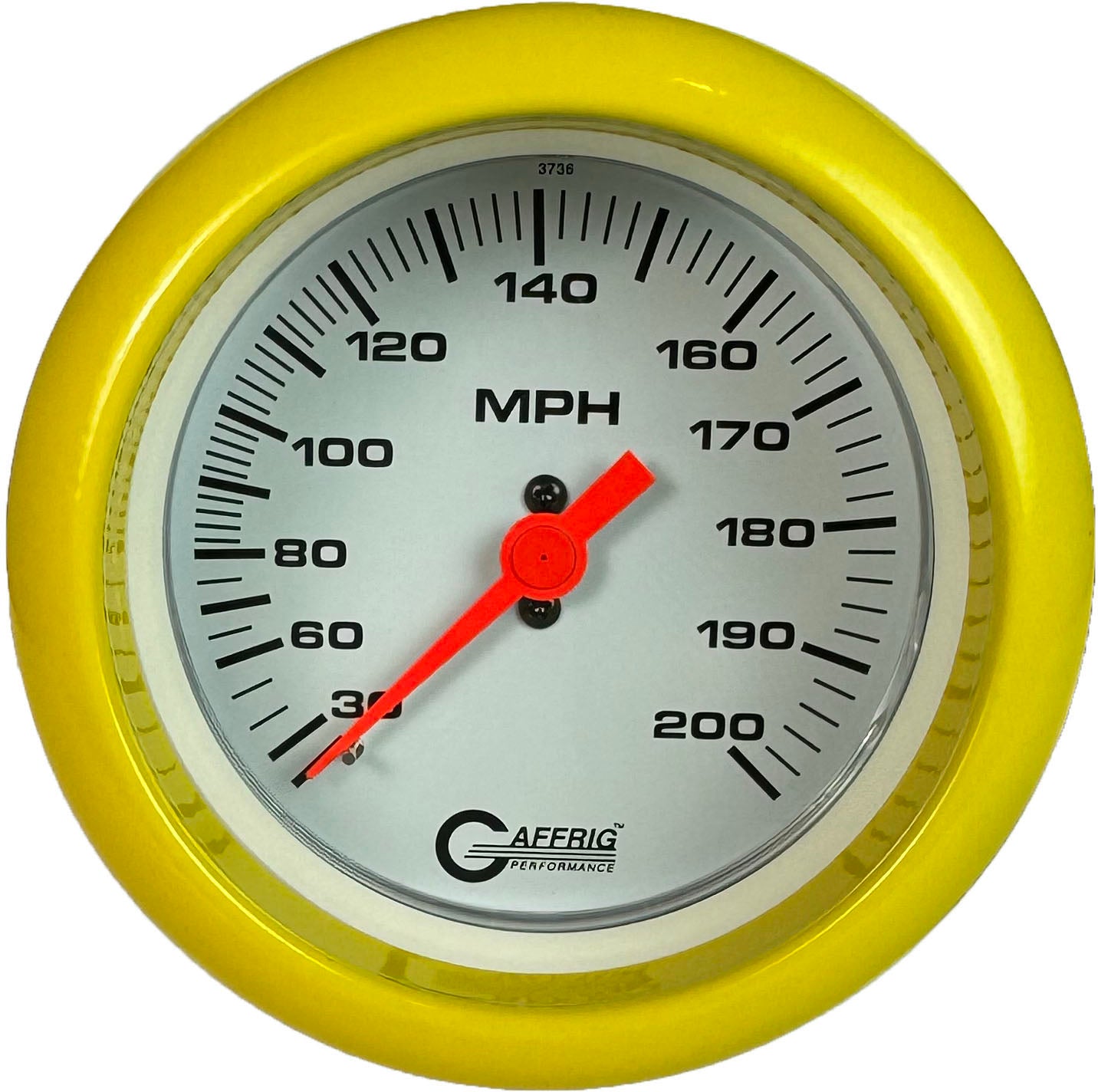 GAFFRIG PART #4514 3 3/8 INCH MECHANICAL DRY SPEEDOMETER GAUGE 200 MPH WHITE - HEAD ONLY YELLOW / STEP RIM