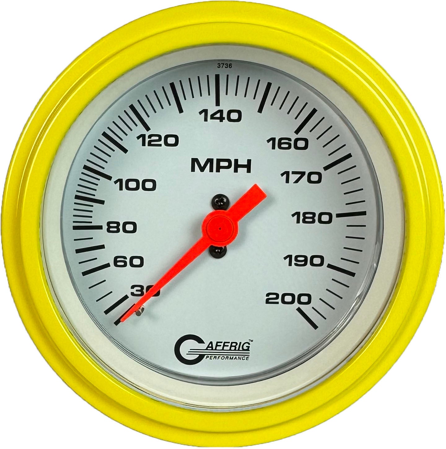 GAFFRIG PART #4514 3 3/8 INCH MECHANICAL DRY SPEEDOMETER GAUGE 200 MPH WHITE - HEAD ONLY YELLOW / STEP RIM