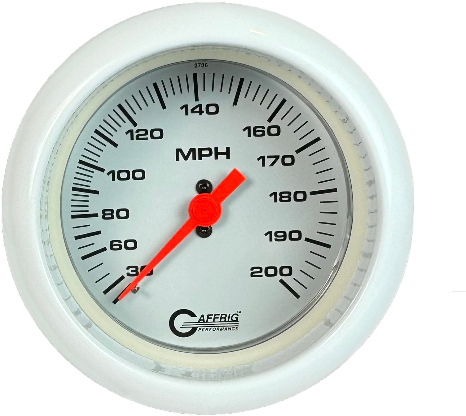 GAFFRIG PART #4514 3 3/8 INCH MECHANICAL DRY SPEEDOMETER GAUGE 200 MPH WHITE - HEAD ONLY WHITE / FAT RIM