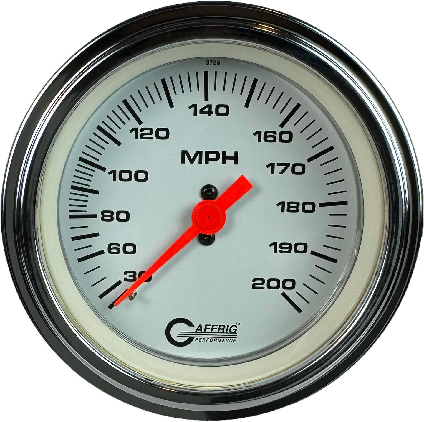GAFFRIG PART #4514 3 3/8 INCH MECHANICAL DRY SPEEDOMETER GAUGE 200 MPH WHITE - HEAD ONLY CHROME / STEP RIM