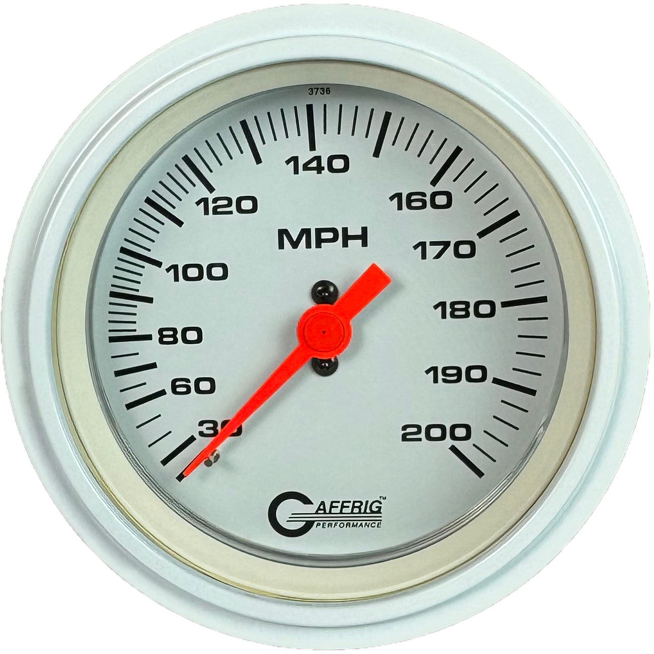 GAFFRIG PART #4514 3 3/8 INCH MECHANICAL DRY SPEEDOMETER GAUGE 200 MPH WHITE - HEAD ONLY WHITE / STEP RIM