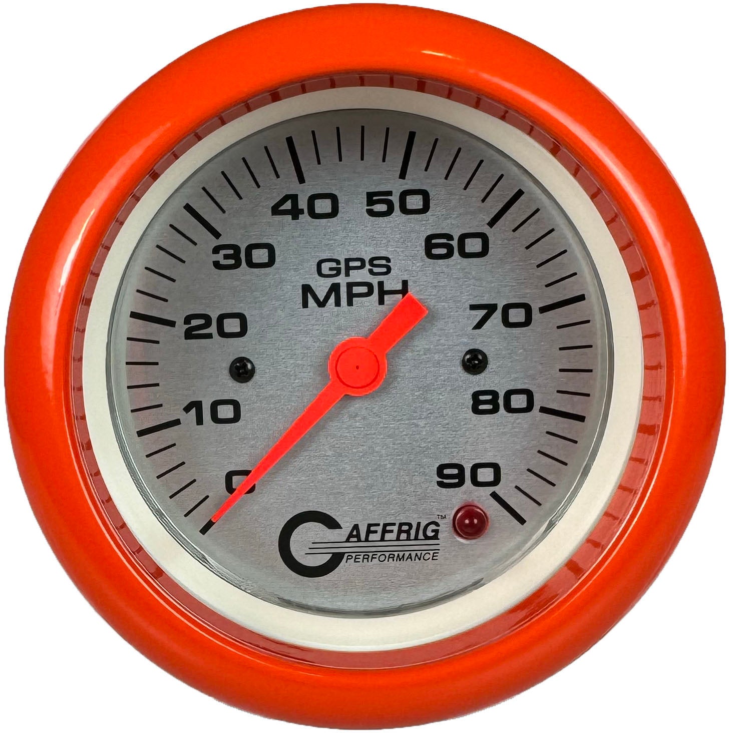 GAFFRIG PART #4553 3 3/8 INCH GPS ANALOG 90 MPH SPEEDOMETER GAUGE HEAD ONLY PLATINUM ORANGE / STEP RIM