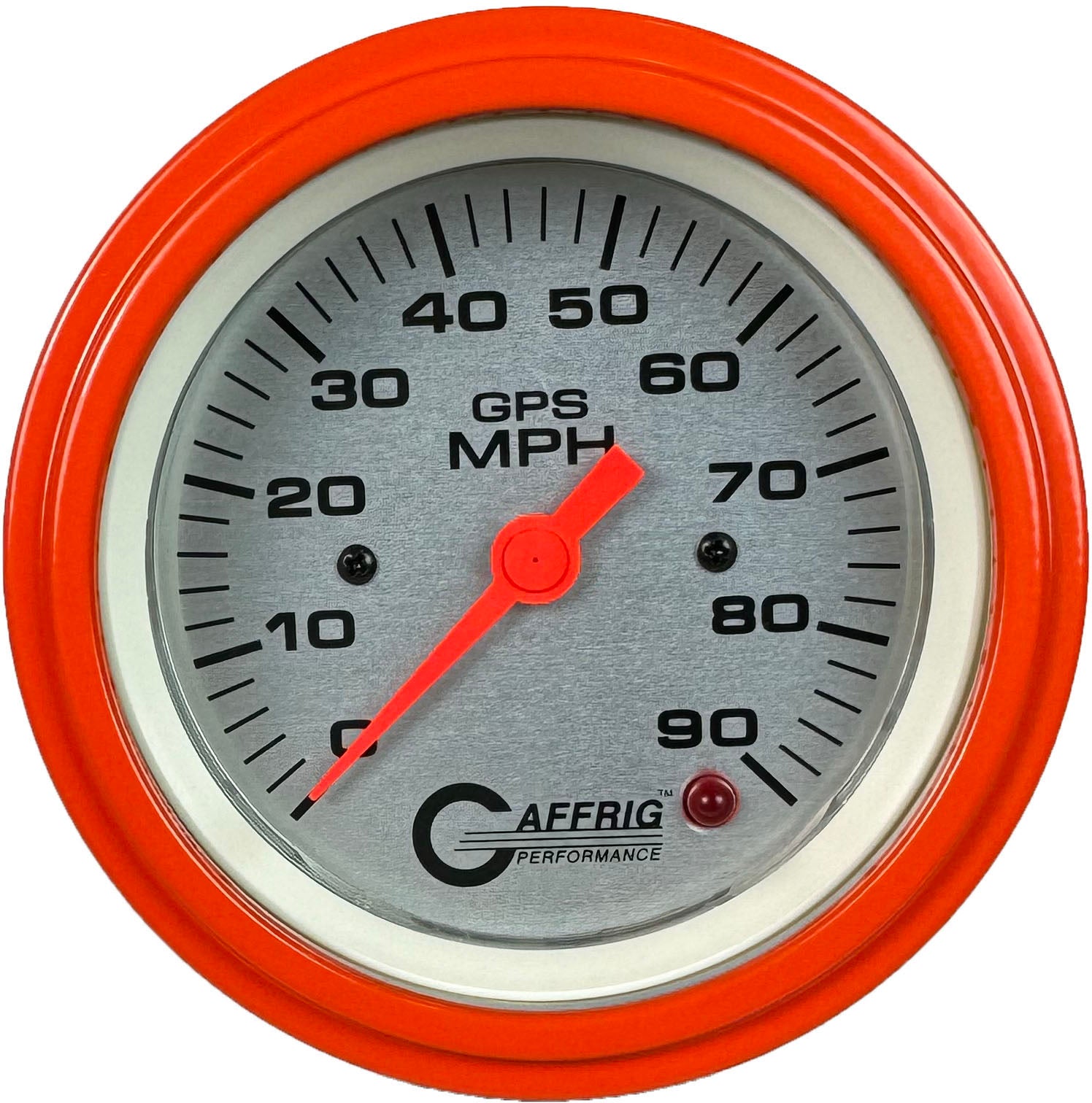 GAFFRIG PART #4553 3 3/8 INCH GPS ANALOG 90 MPH SPEEDOMETER GAUGE HEAD ONLY PLATINUM ORANGE / STEP RIM