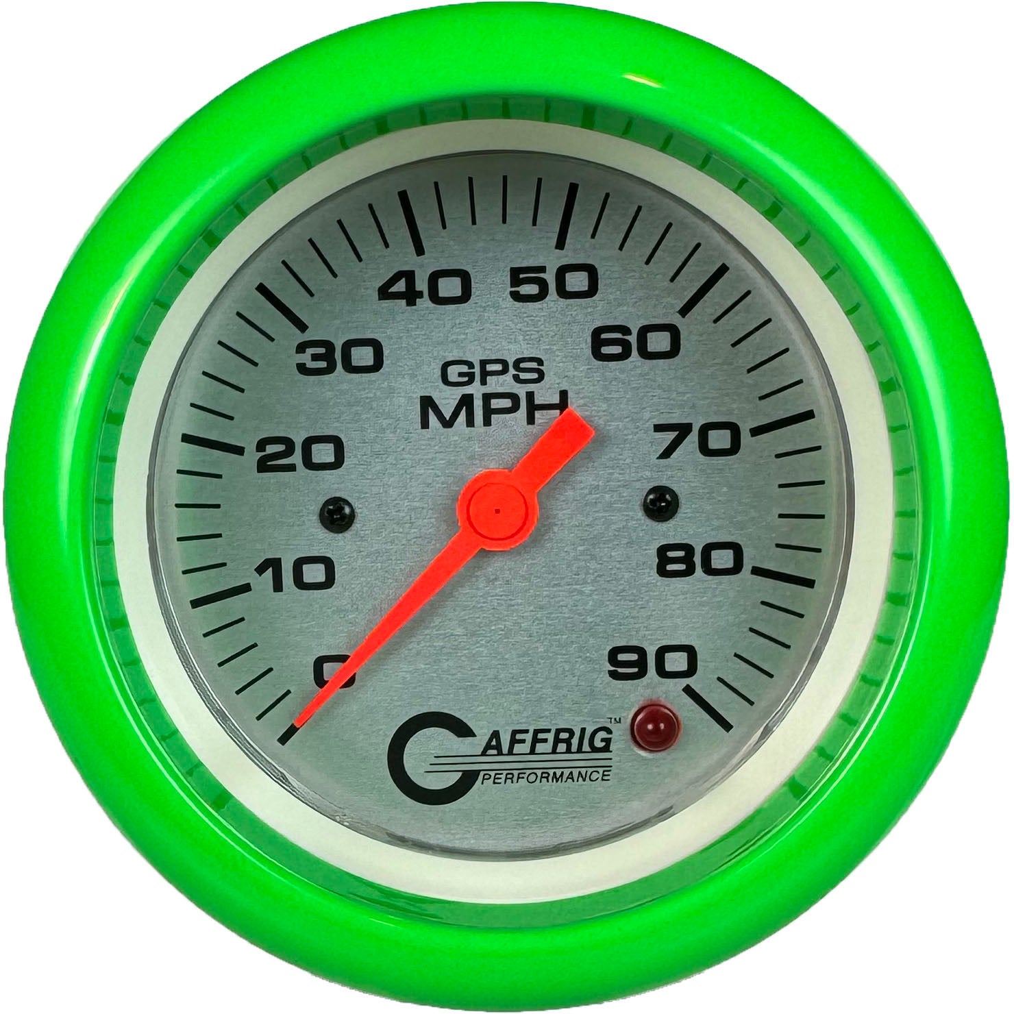 GAFFRIG PART #4553 3 3/8 INCH GPS ANALOG 90 MPH SPEEDOMETER GAUGE HEAD ONLY PLATINUM LIME GREEN / STEP RIM